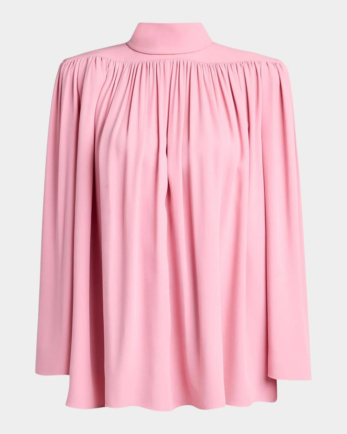 Turtleneck Gathered Silk Long-Sleeve Top