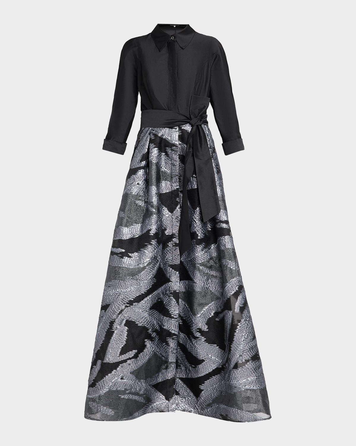 Taffeta & Metallic Organza Shirtwaist Gown