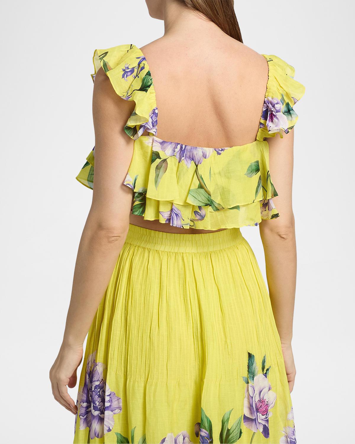 Ruffled Floral Linen-Blend Top - thumbnail 3