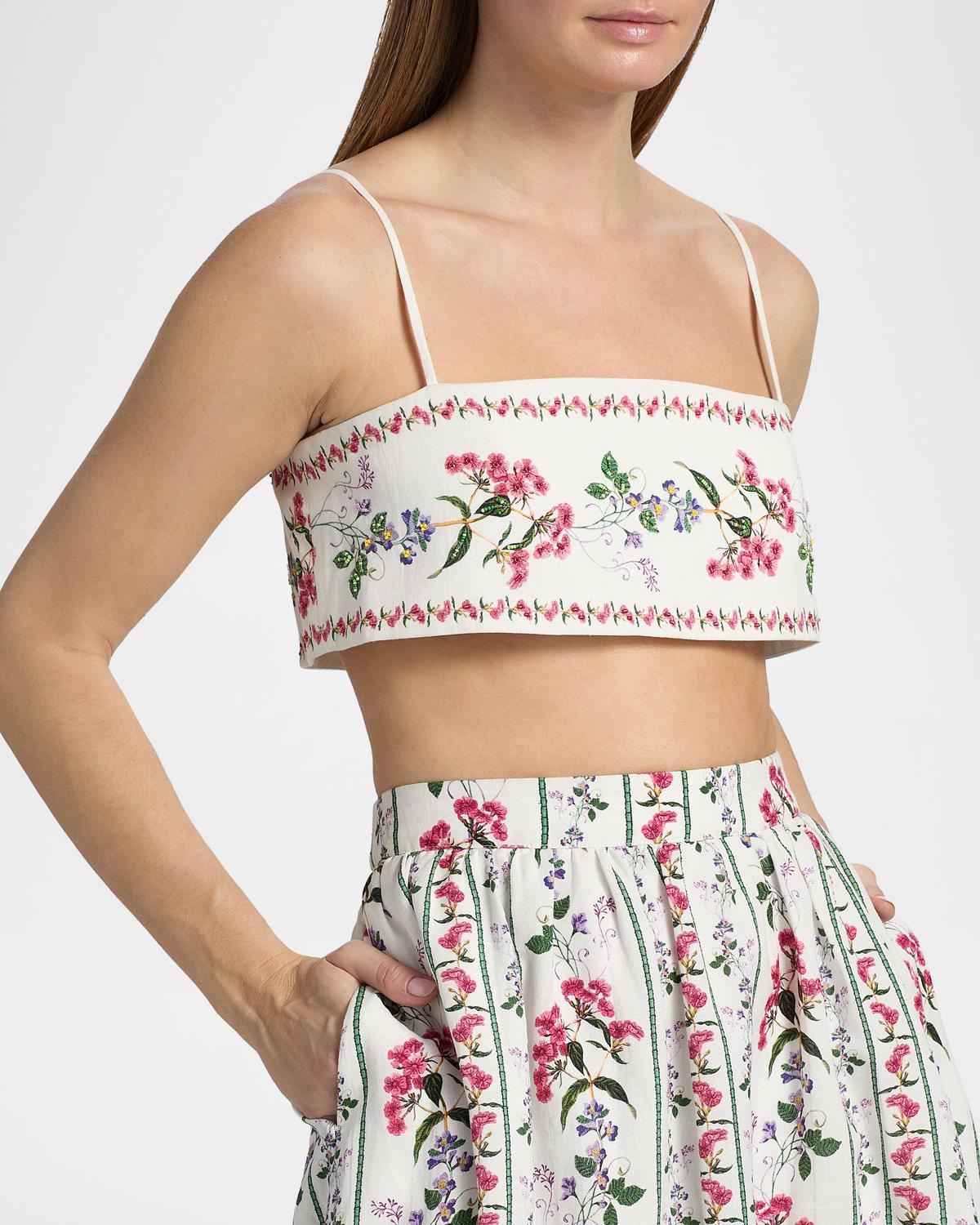 Floral Embellished Linen-Cotton Bustier Top - thumbnail 7