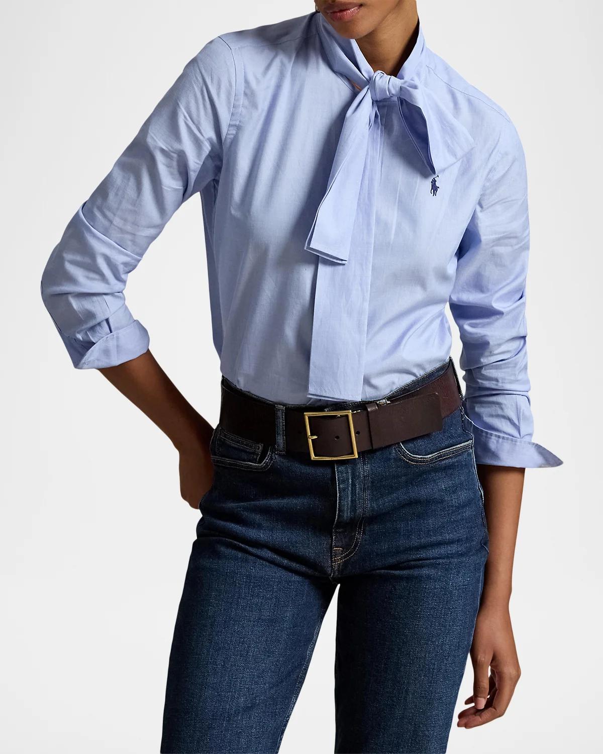 Slim-Fit Cotton Tie-Neck Shirt - thumbnail 4