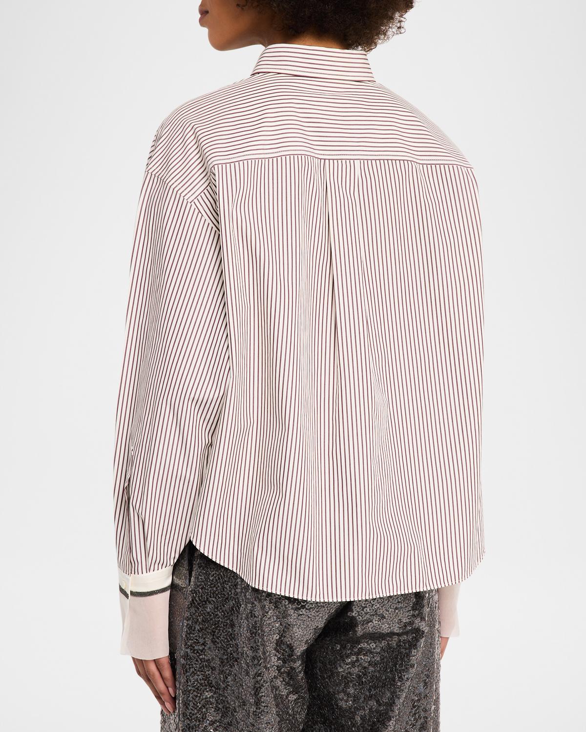 Striped Cotton Poplin Boxy Button-Down Shirt With Monili Trim - thumbnail 3
