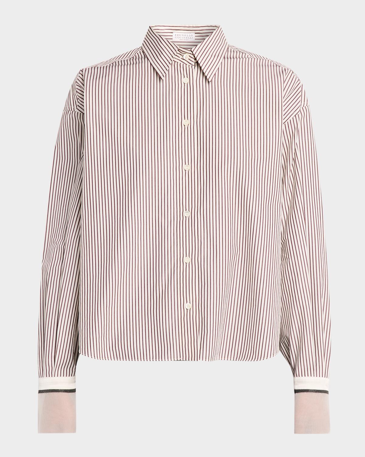 Striped Cotton Poplin Boxy Button-Down Shirt With Monili Trim