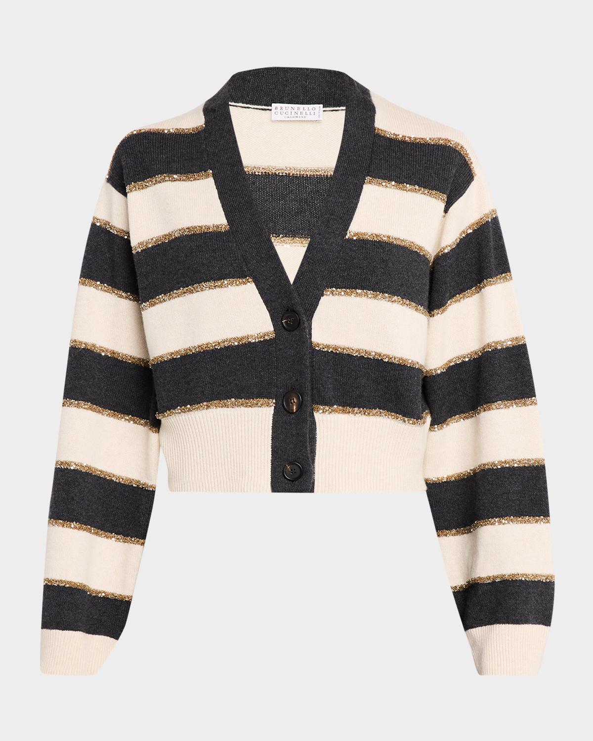 Luminous Striped Cashmere Crop V-Neck Cardigan