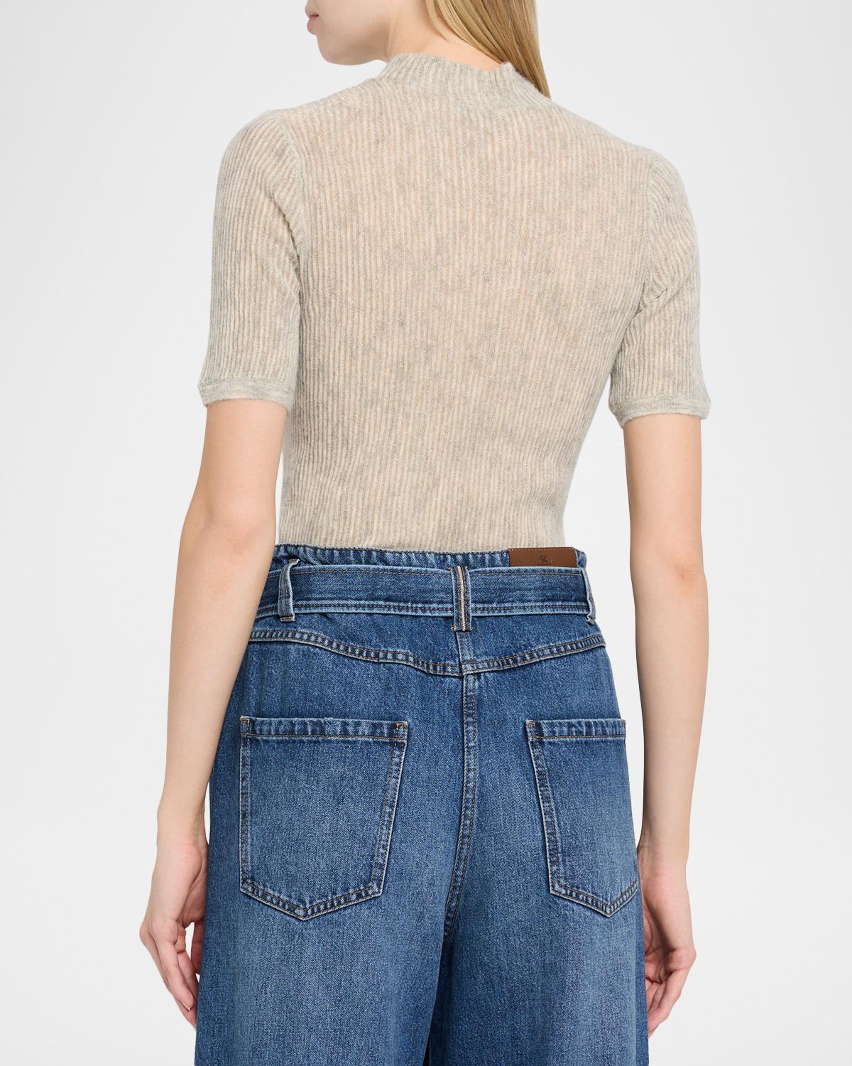 Mock-Neck Metallic Silk-Wool Short-Sleeve Sweater - thumbnail 3