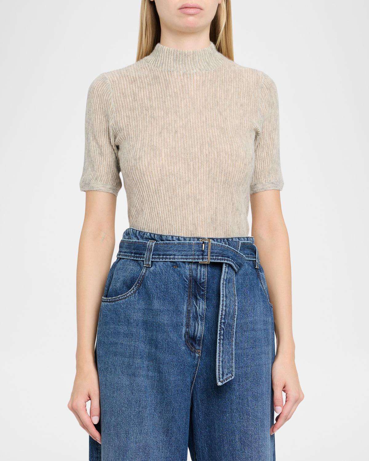 Mock-Neck Metallic Silk-Wool Short-Sleeve Sweater - thumbnail 4