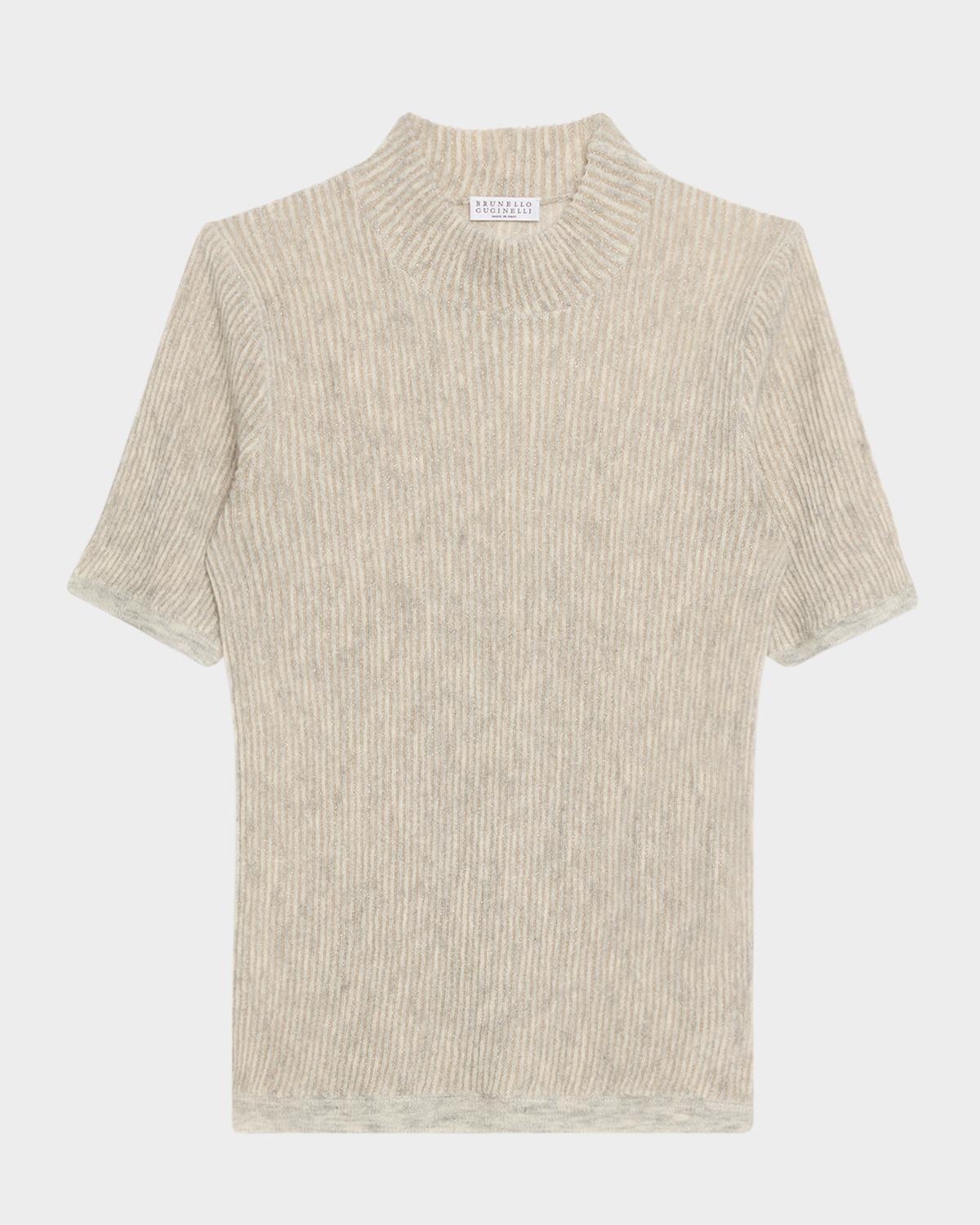 Mock-Neck Metallic Silk-Wool Short-Sleeve Sweater