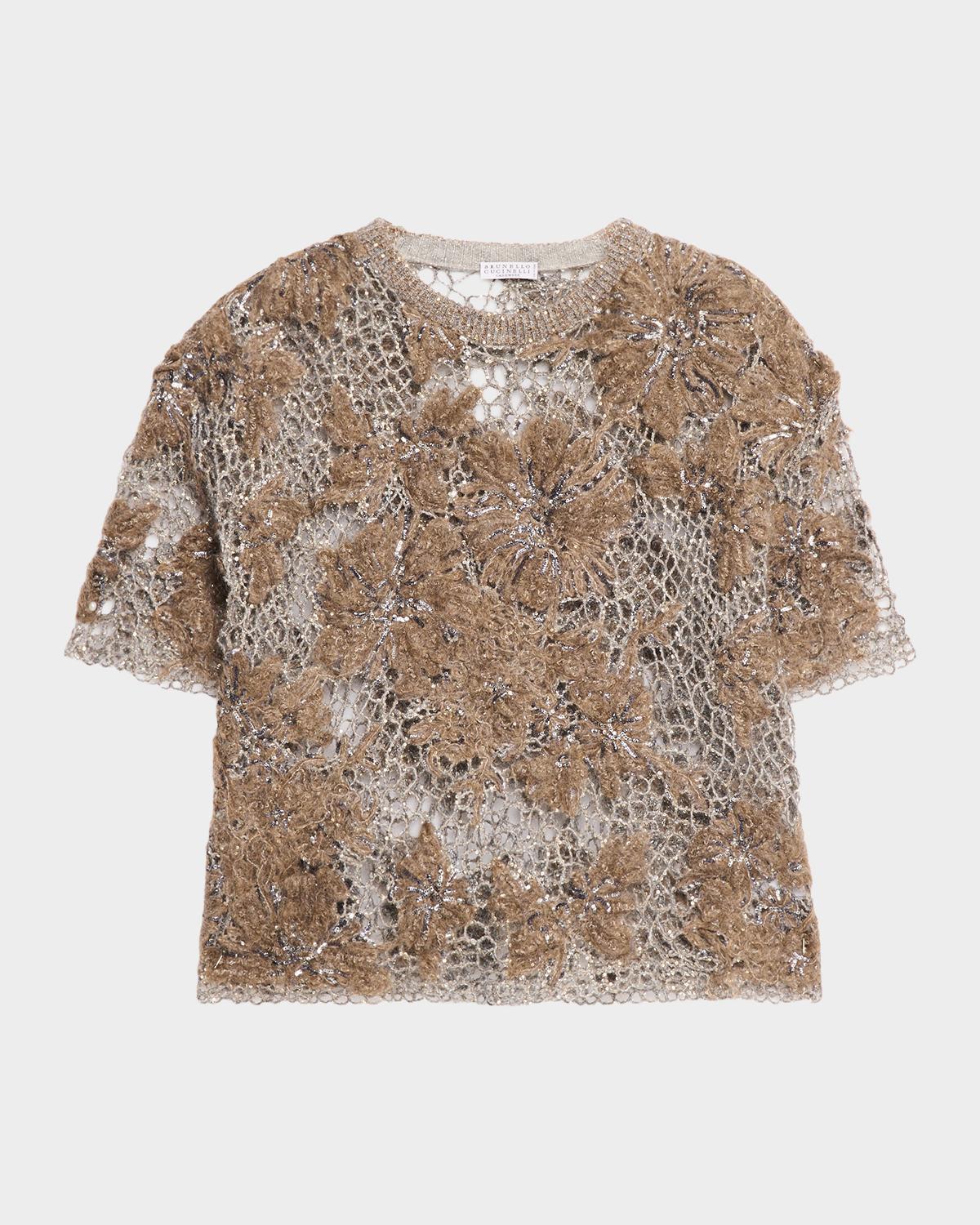 Mohair Diamante Floral Embroidered Mesh Sweater