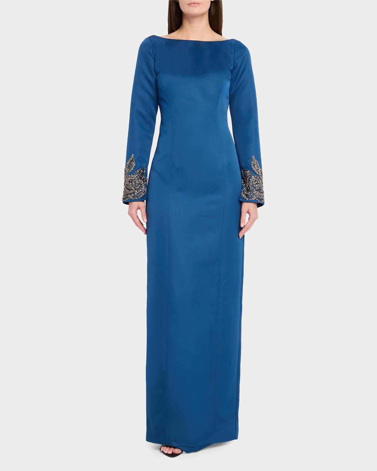 Thea Embroidered Duchess Satin Column Gown - thumbnail 2
