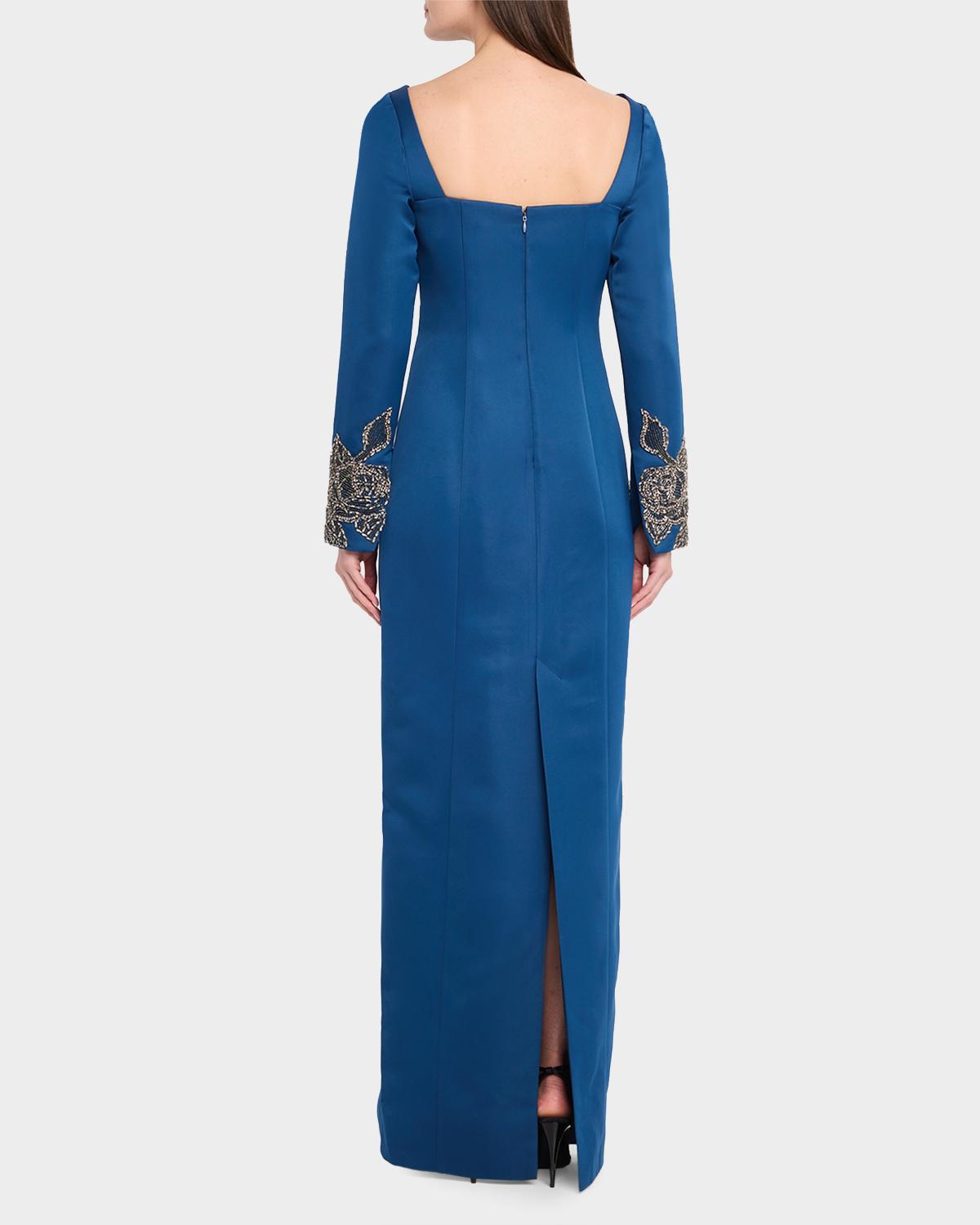 Thea Embroidered Duchess Satin Column Gown - thumbnail 3