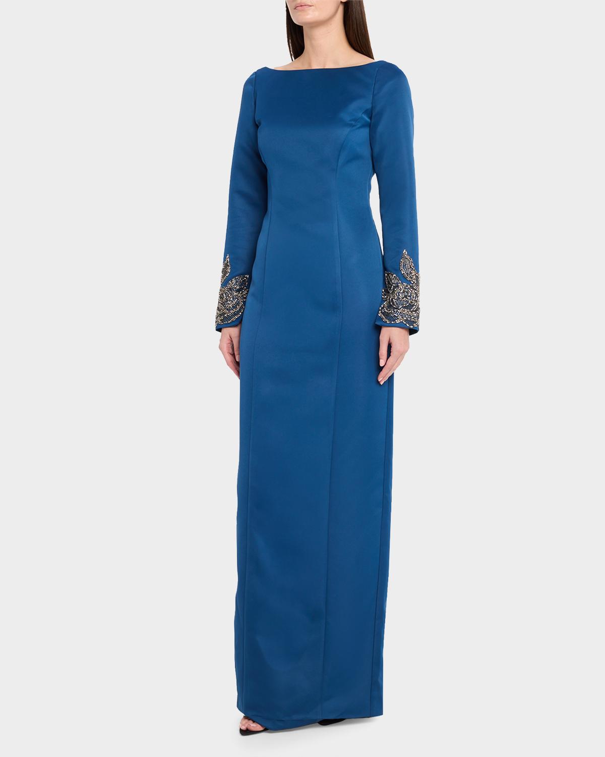 Thea Embroidered Duchess Satin Column Gown - thumbnail 4