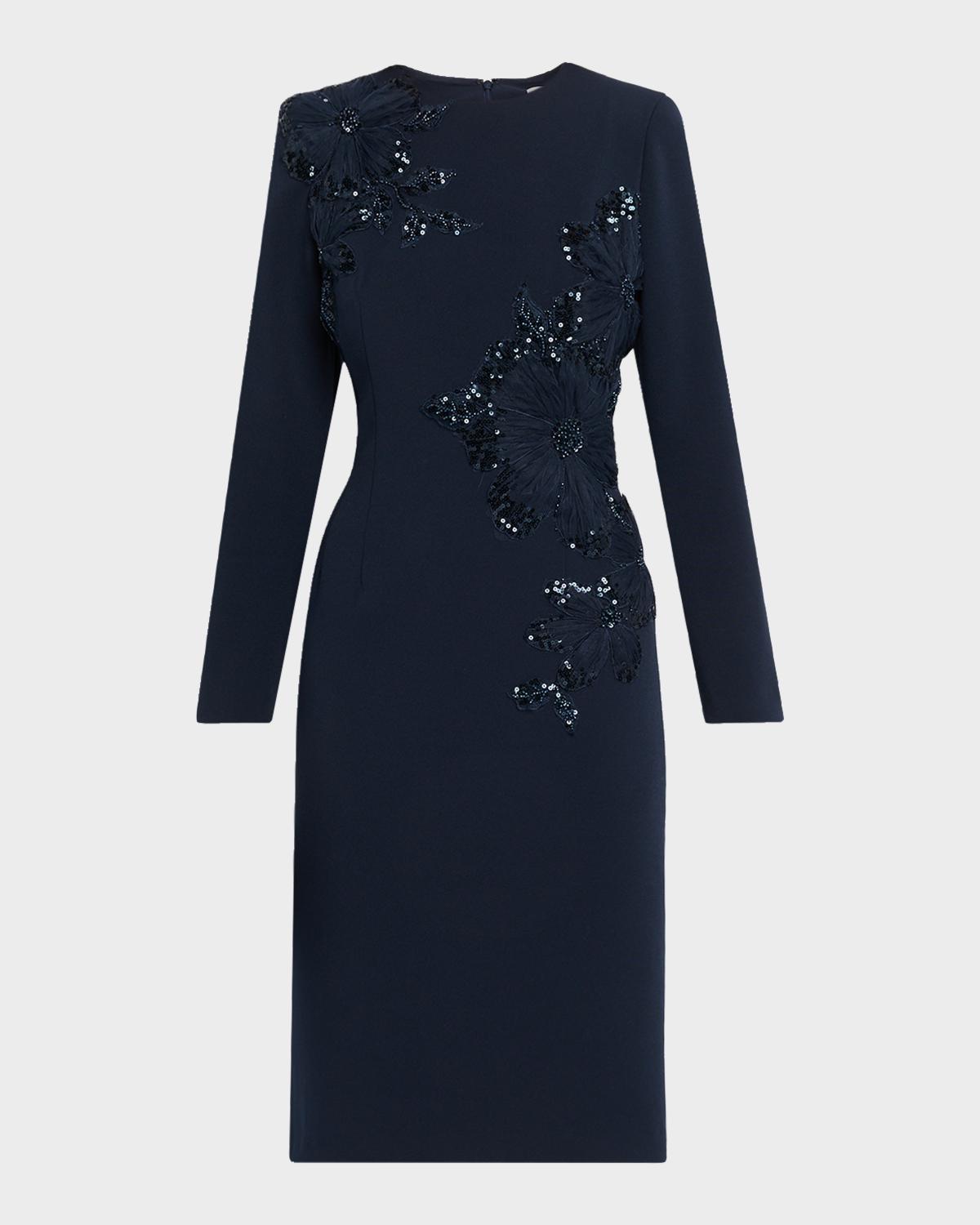 Sequin Floral Applique Crepe Dress