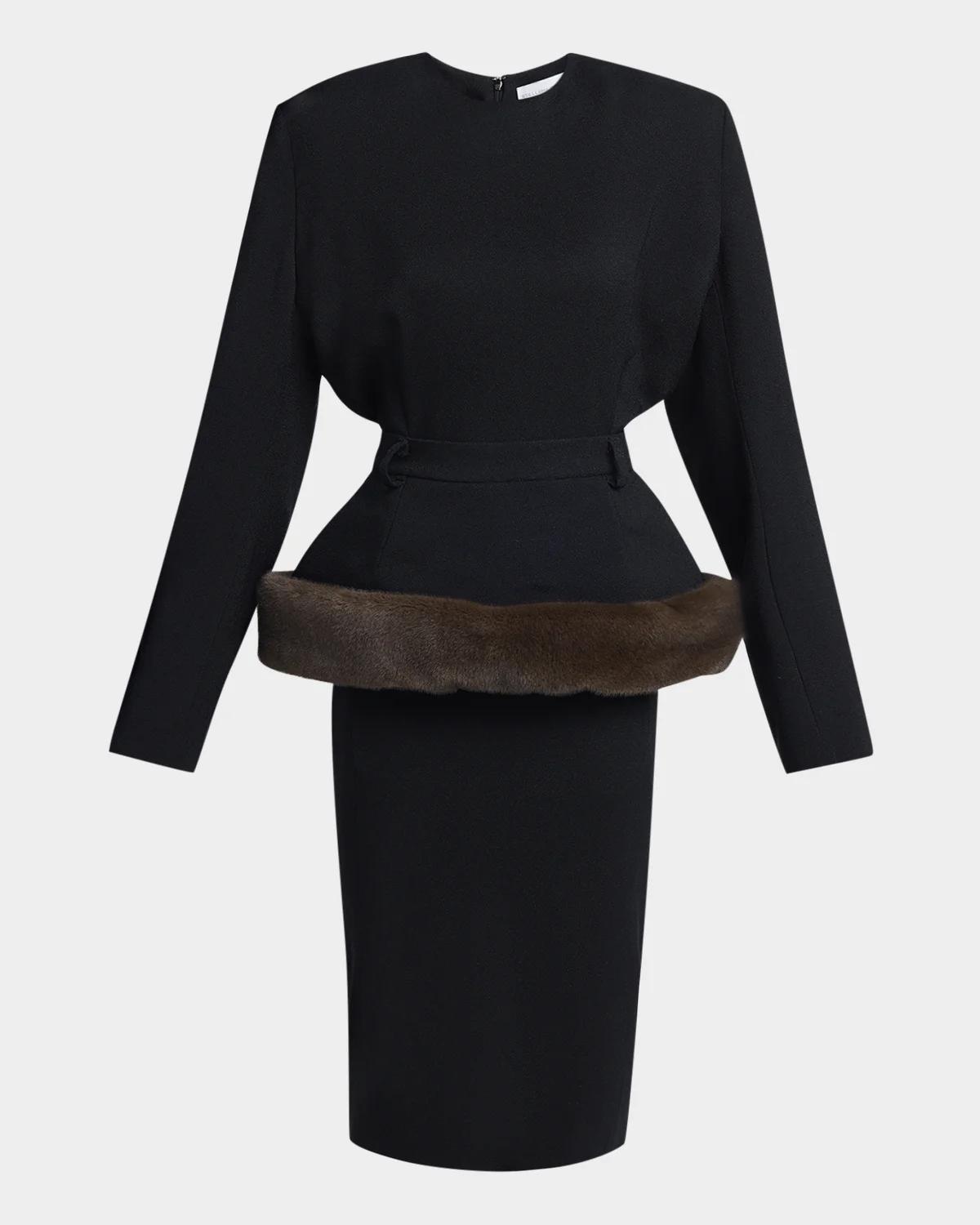 Long-Sleeve Belted Faux-Fur Peplum Midi Dress