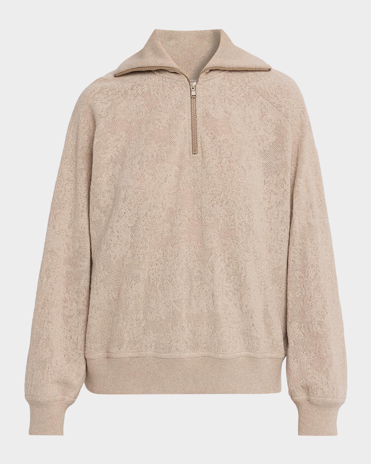 Jersey Lace Pointelle Knit Quarter-Zip Sweater