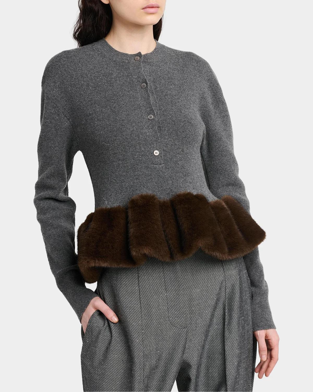 Faux Fur Trim Wool Crewneck Sweater - thumbnail 3
