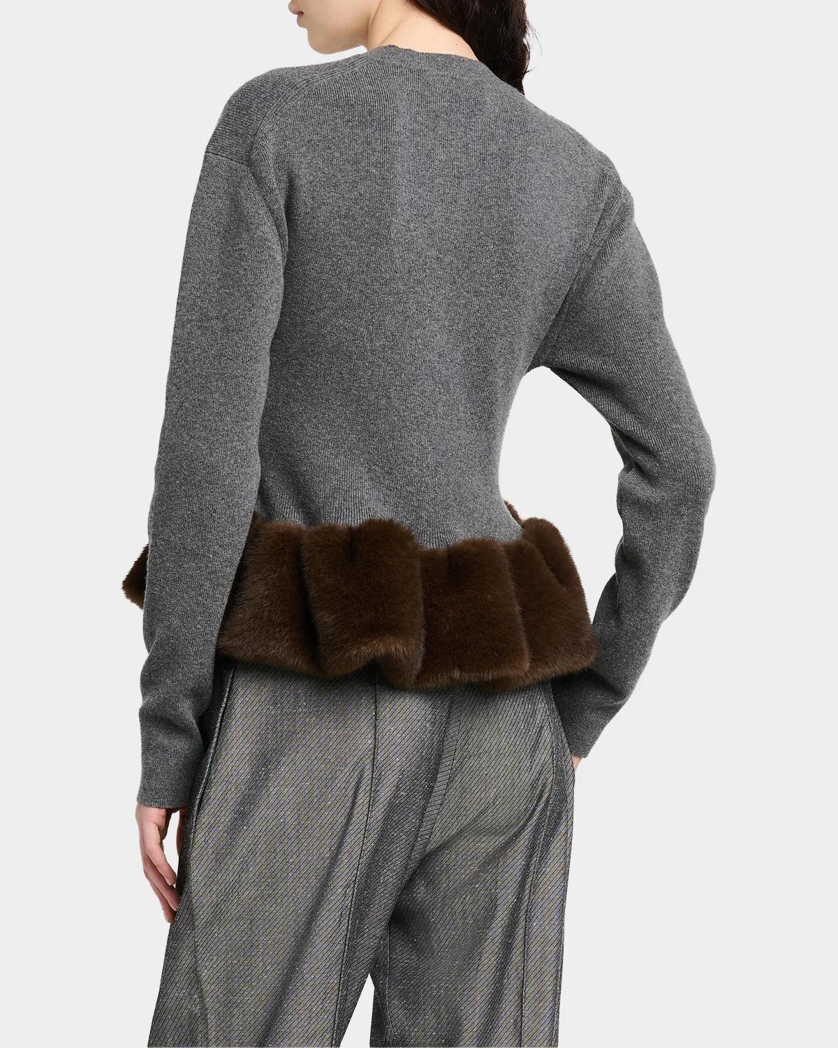 Faux Fur Trim Wool Crewneck Sweater - thumbnail 4