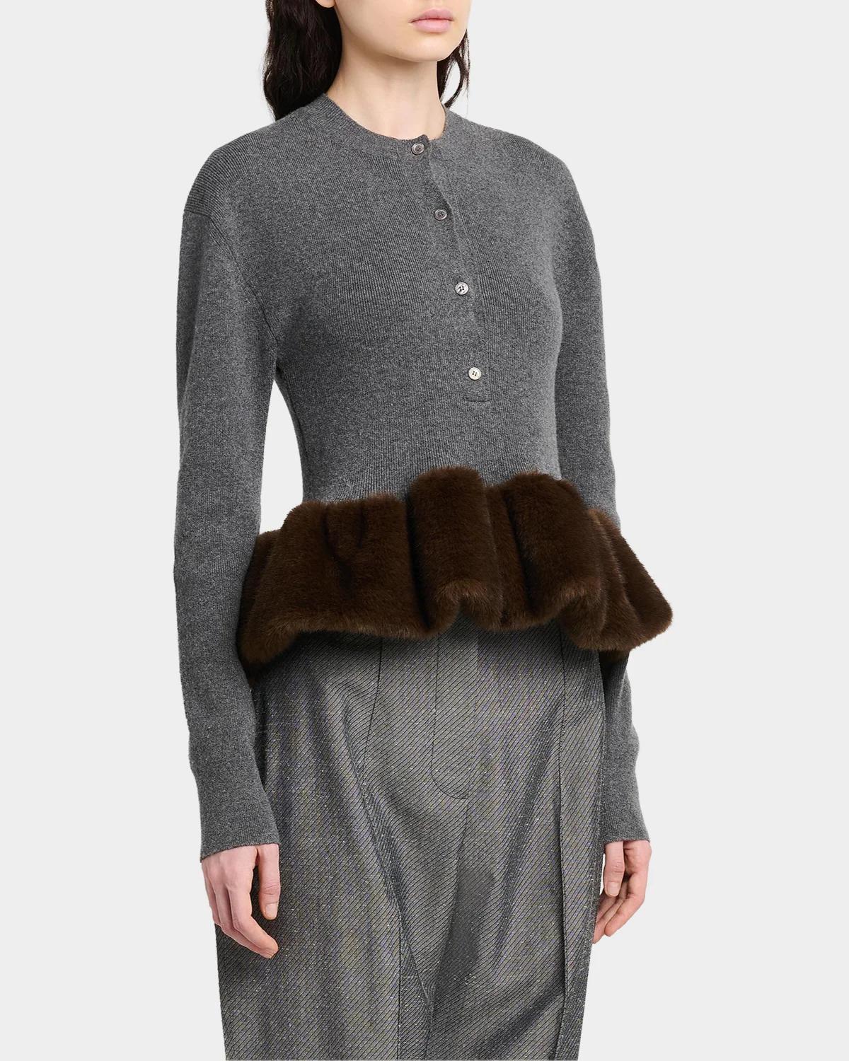 Faux Fur Trim Wool Crewneck Sweater - thumbnail 5