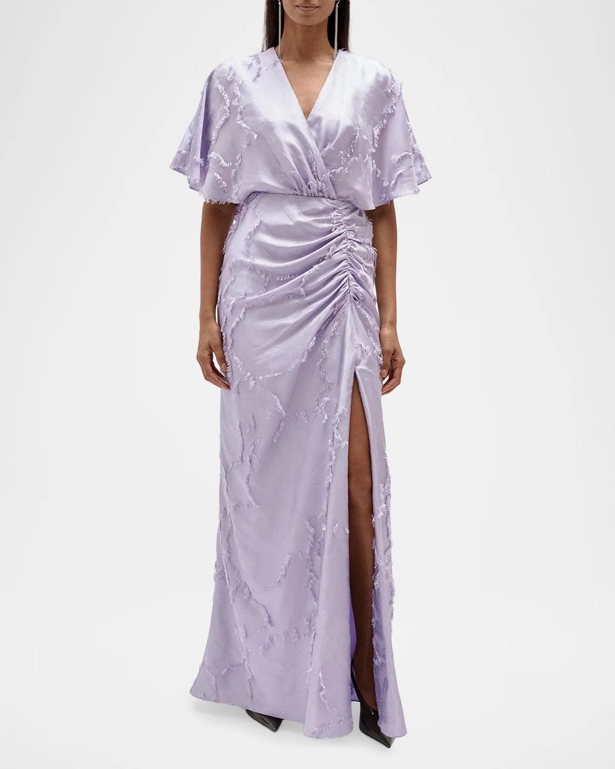 Textured Floral Jacquard Flutter-Sleeve Maxi Dress - thumbnail 2