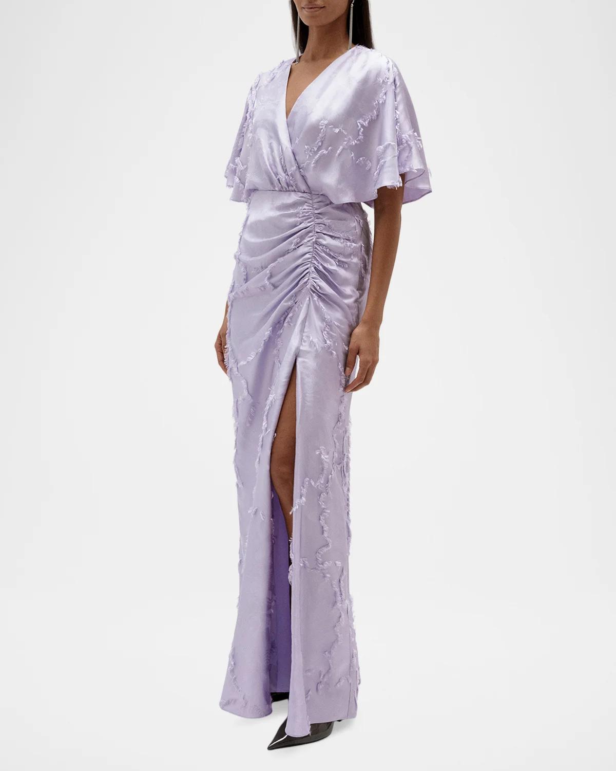 Textured Floral Jacquard Flutter-Sleeve Maxi Dress - thumbnail 4