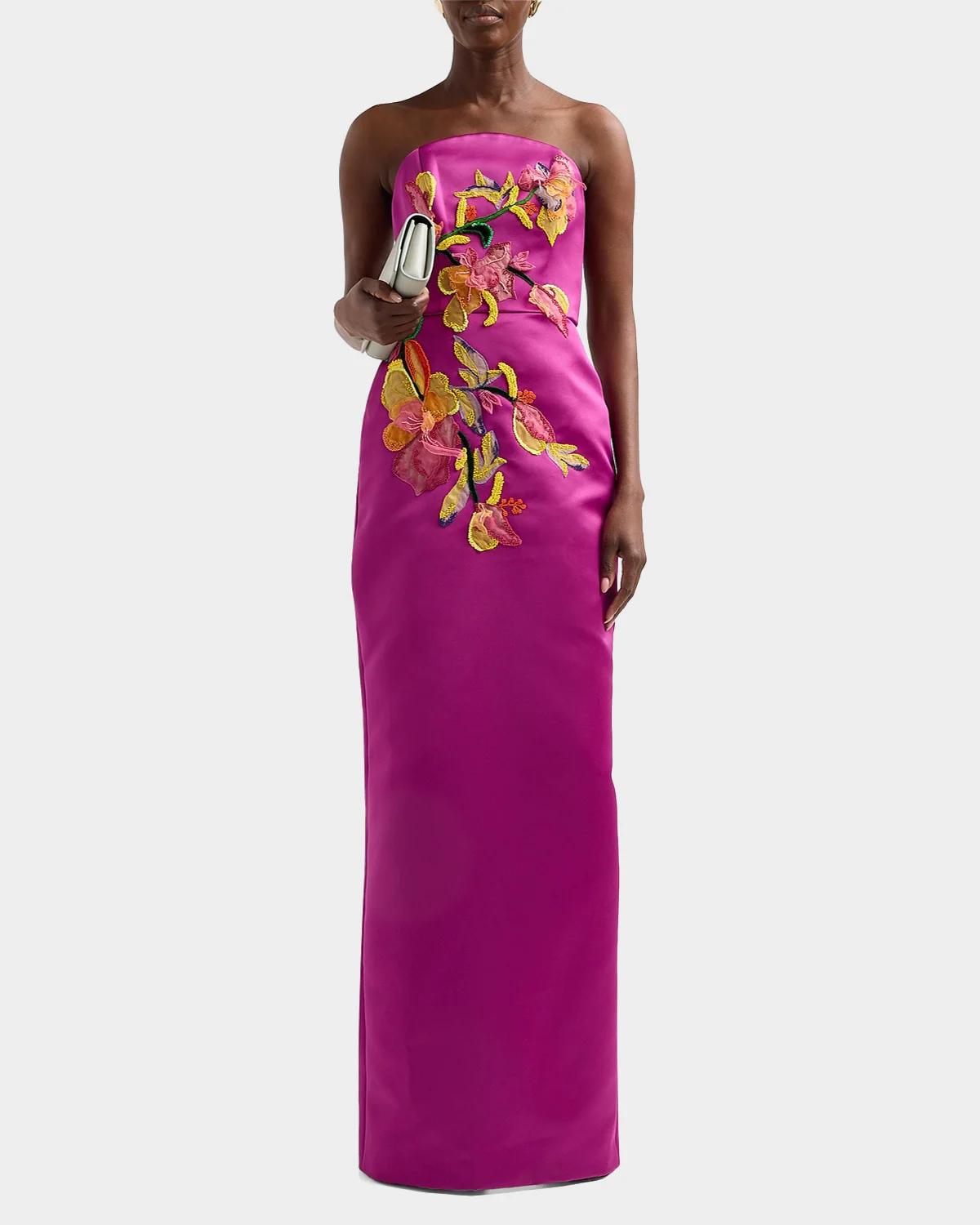 Floral Satin Strapless Column Gown - thumbnail 2
