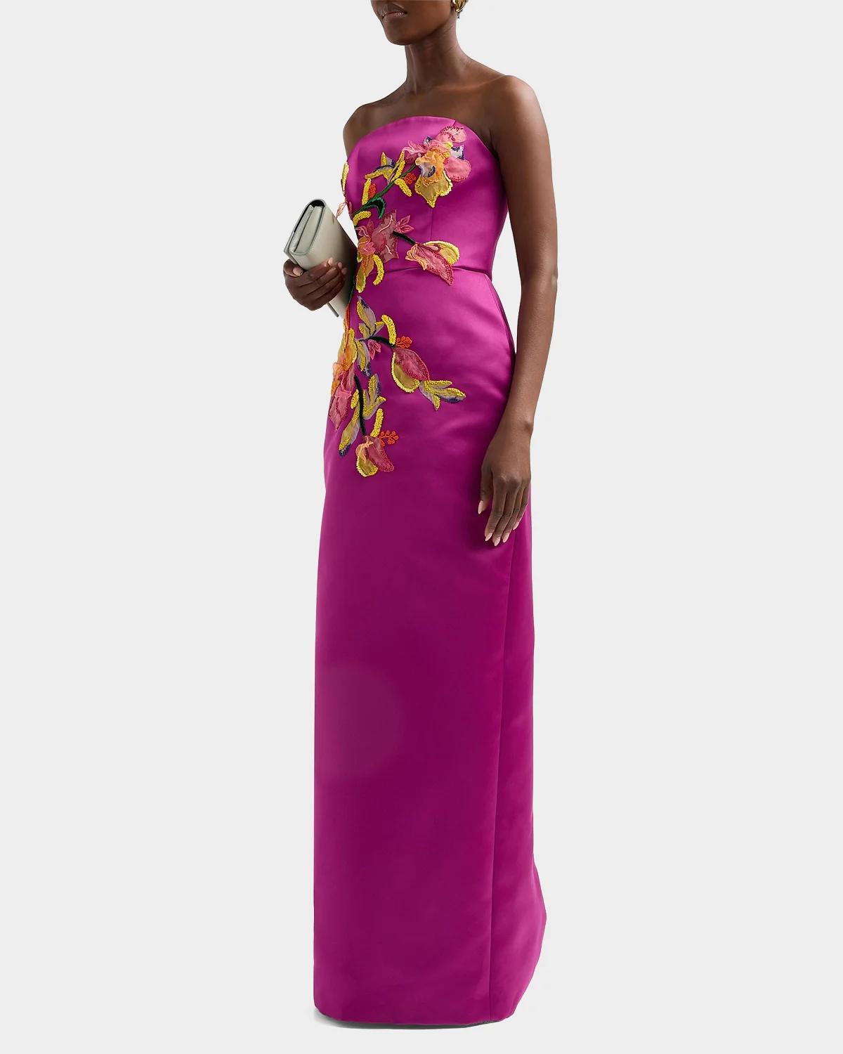 Floral Satin Strapless Column Gown - thumbnail 4