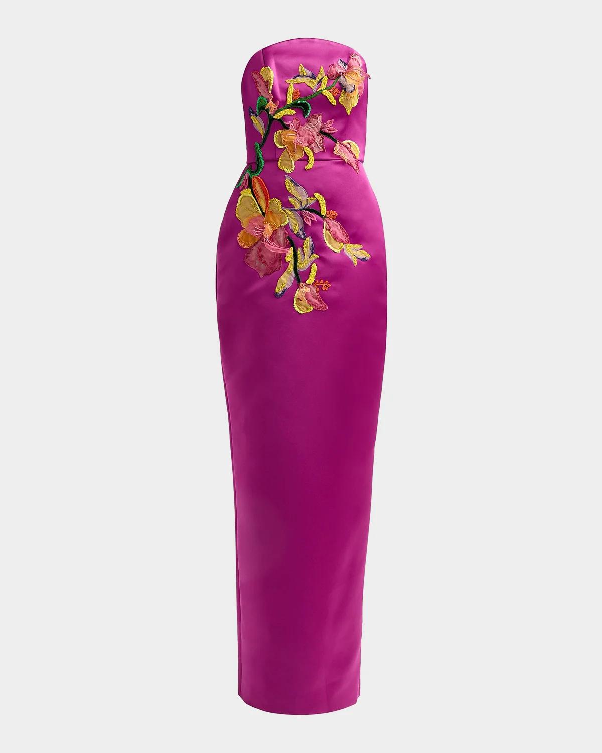 Floral Satin Strapless Column Gown