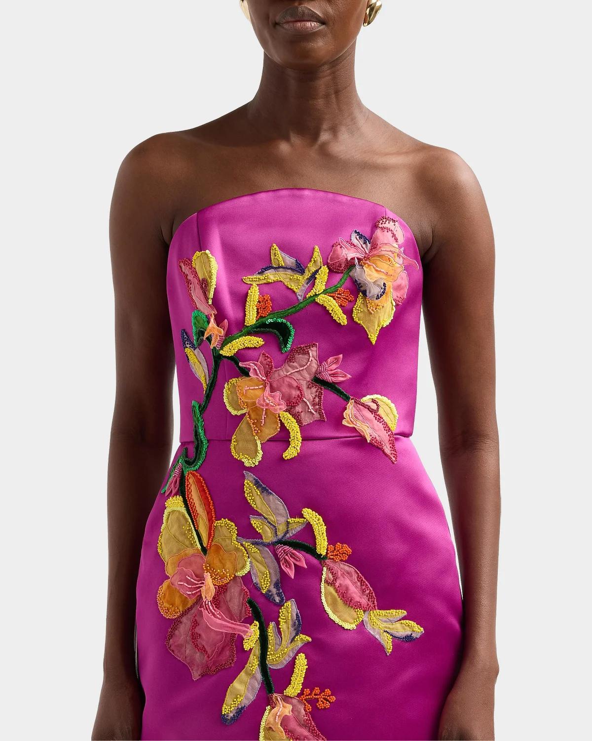 Floral Satin Strapless Column Gown - thumbnail 5