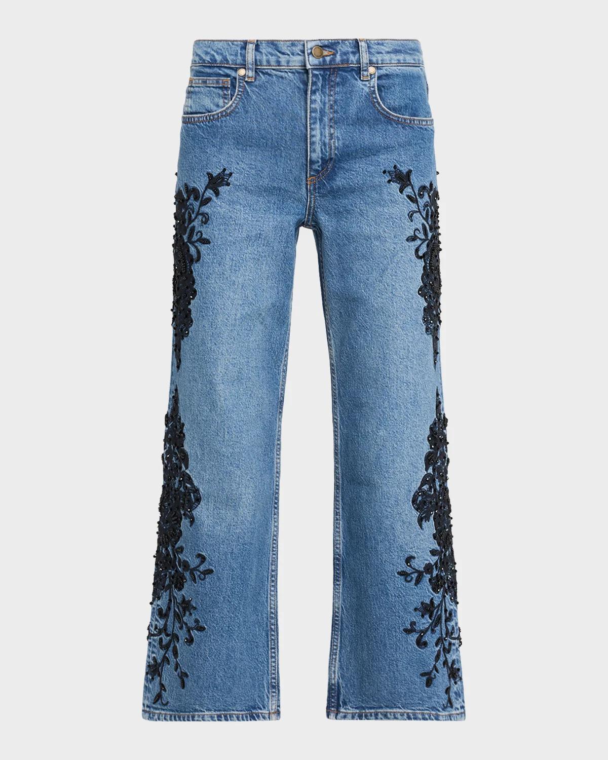 Lea Beaded High-Rise Wide-Leg Crop Jeans