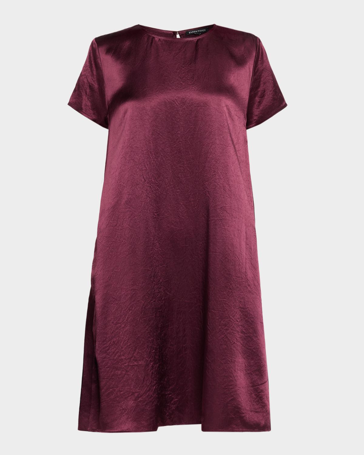 Eileen Fisher Short-Sleeve Satin Mini Shift Dress, Prpct, Women's, 2X