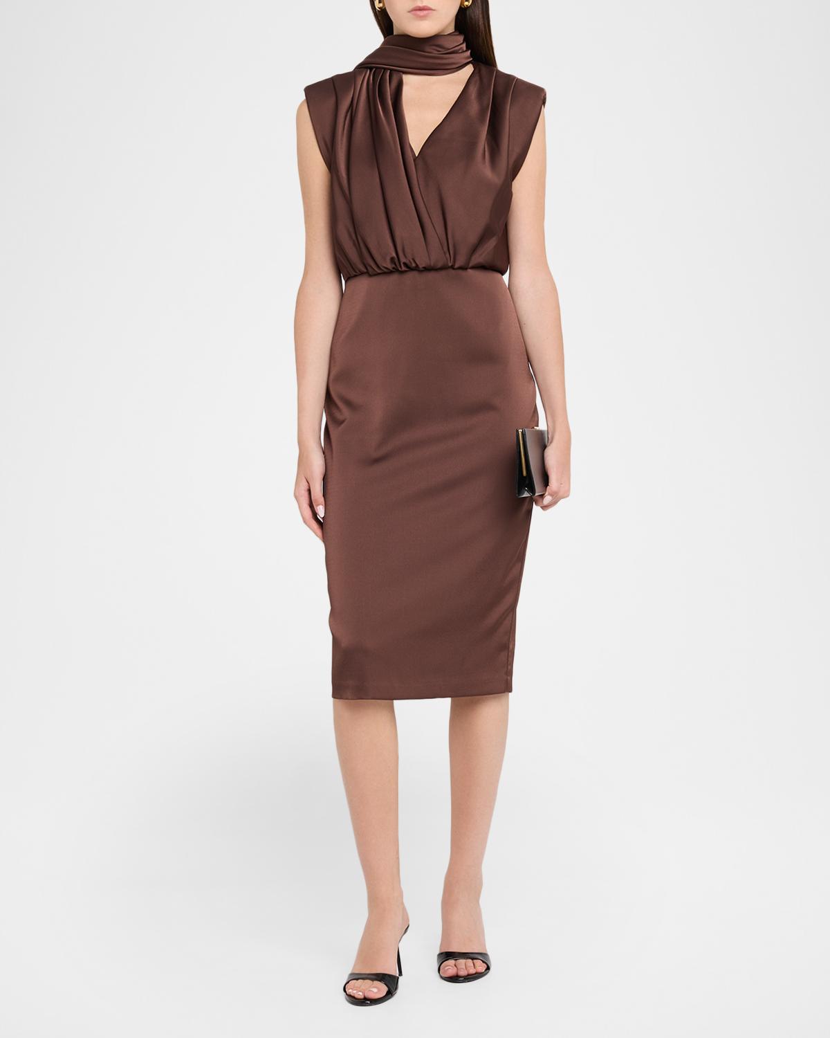 Draped Crepe Back Satin Midi Sheath Dress - thumbnail 2