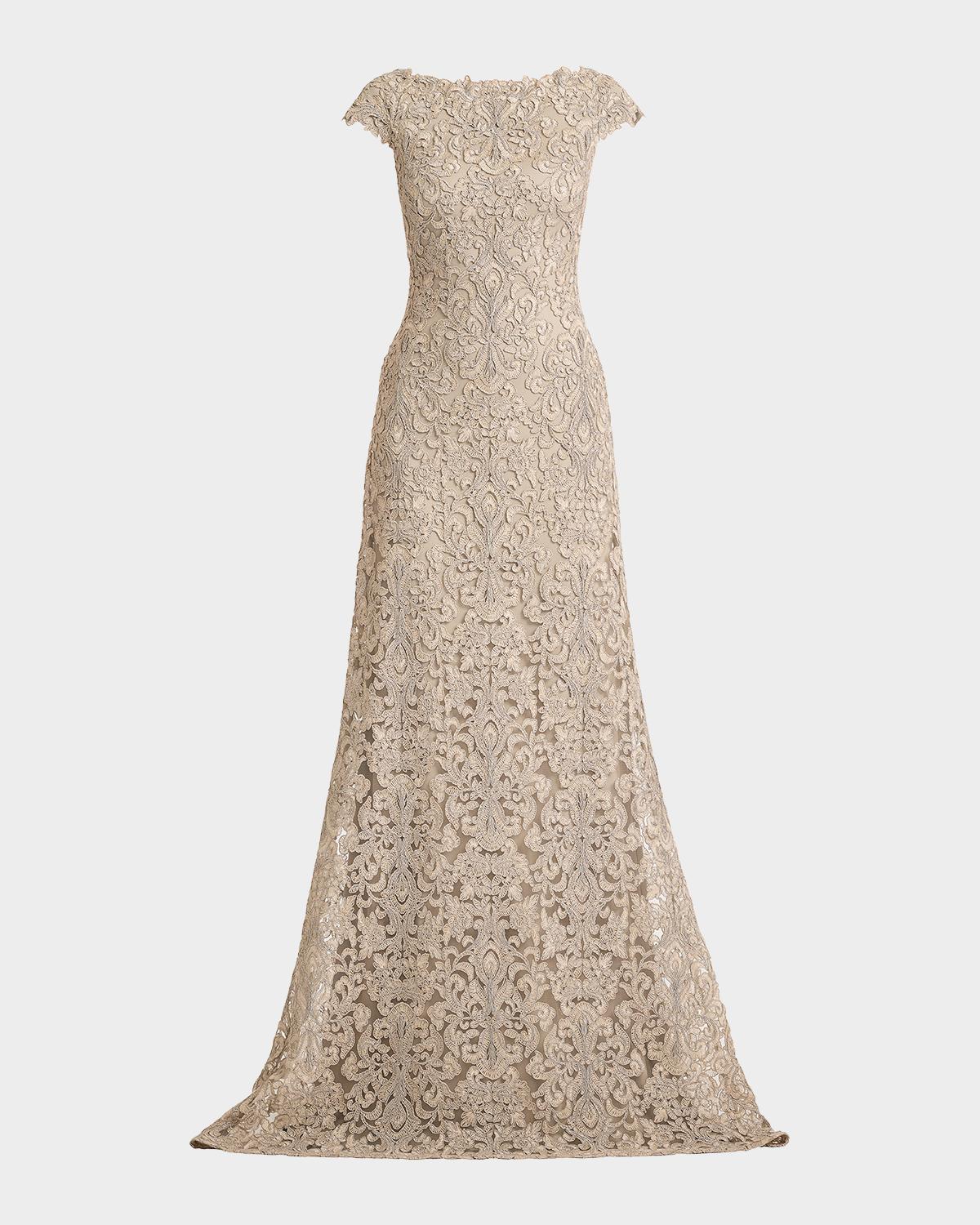Tadashi Shoji Hoyt Embroidered Cap-Sleeve Gown | Neiman Marcus