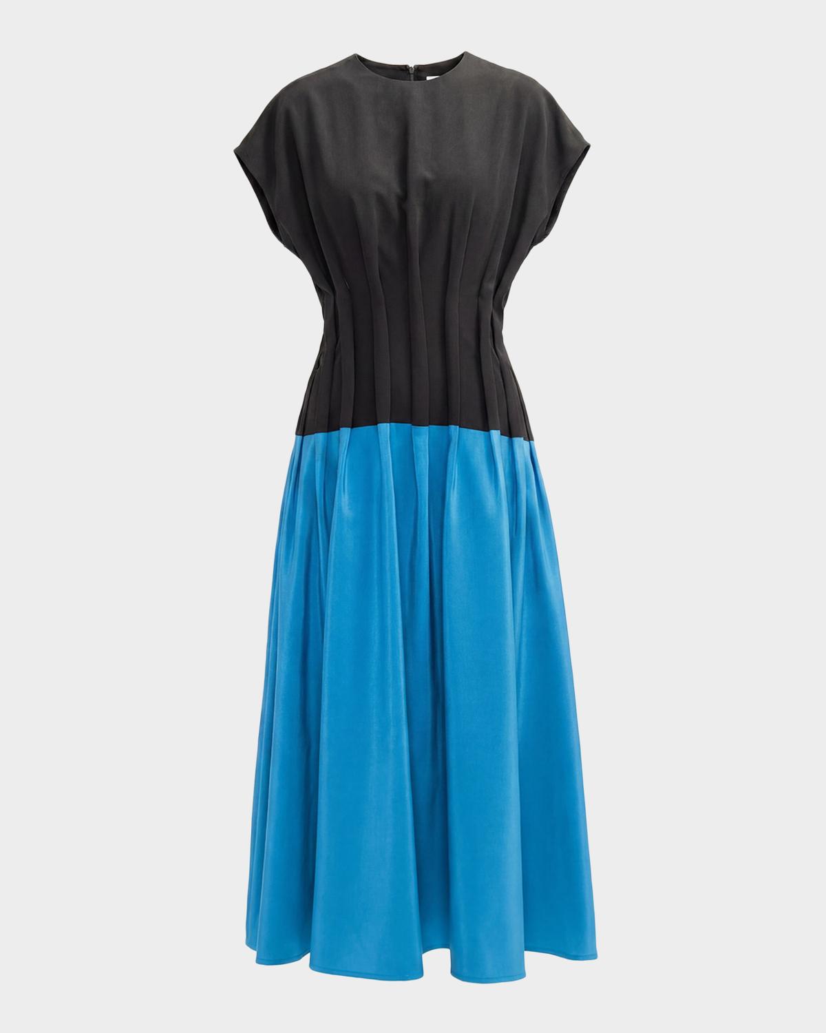 Azure Pleated Colorblock Silk Midi Dress