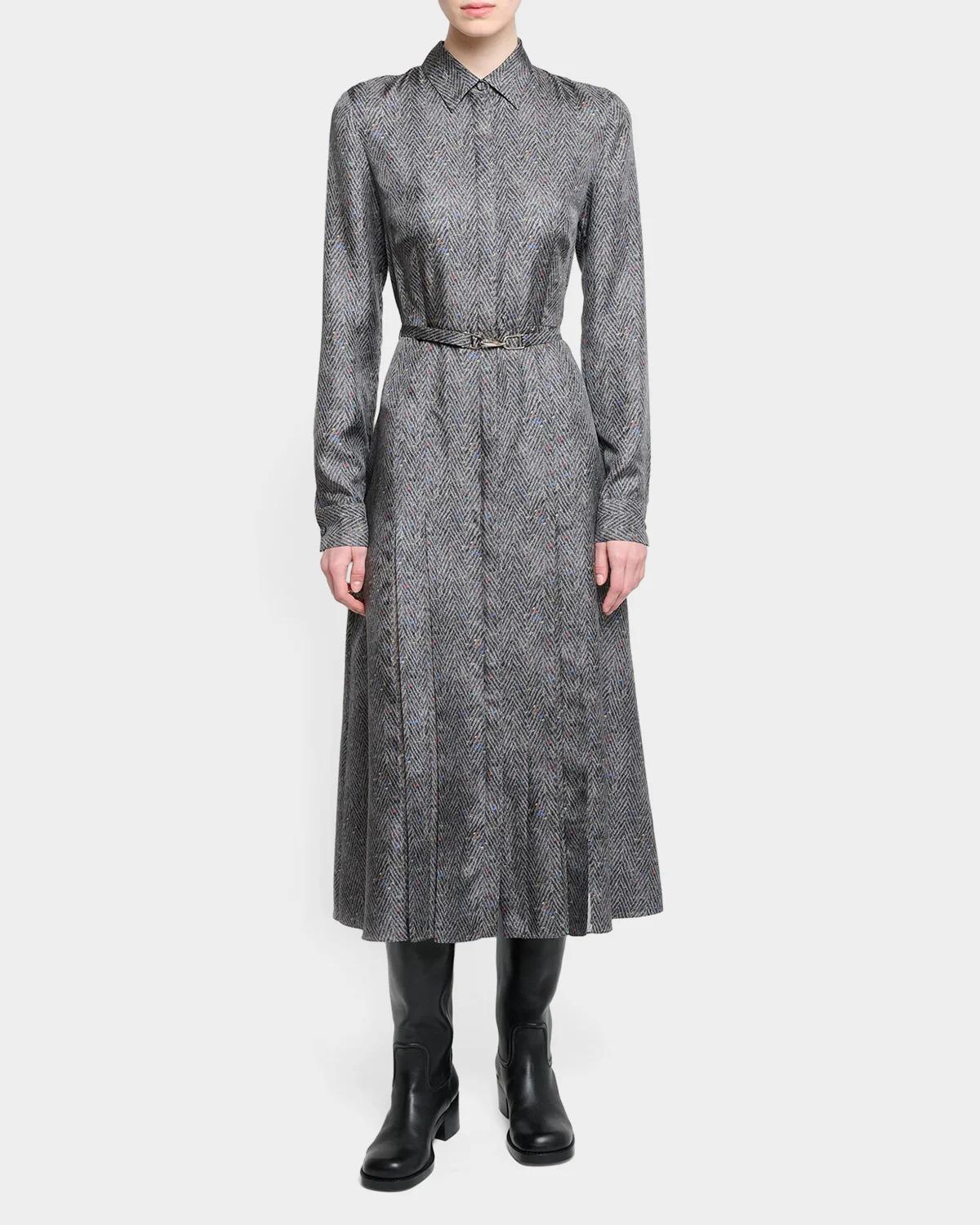 Jane Herringbone Print Silk Belted Midi Shirtdress - thumbnail 2