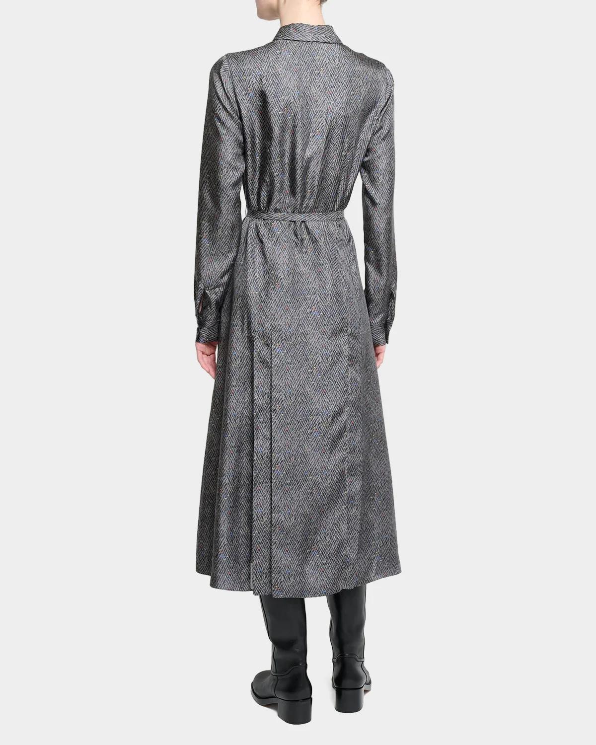 Jane Herringbone Print Silk Belted Midi Shirtdress - thumbnail 3