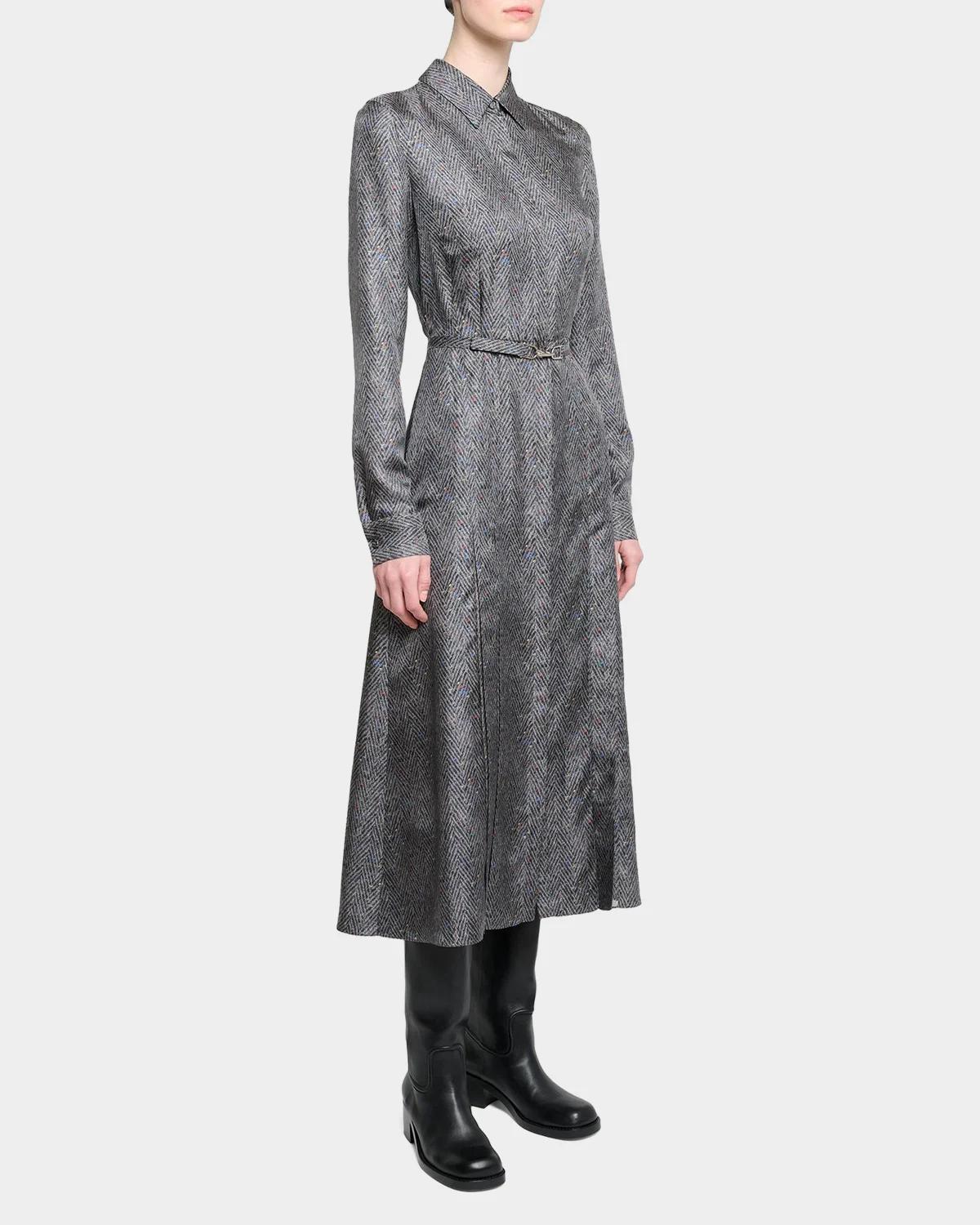 Jane Herringbone Print Silk Belted Midi Shirtdress - thumbnail 4