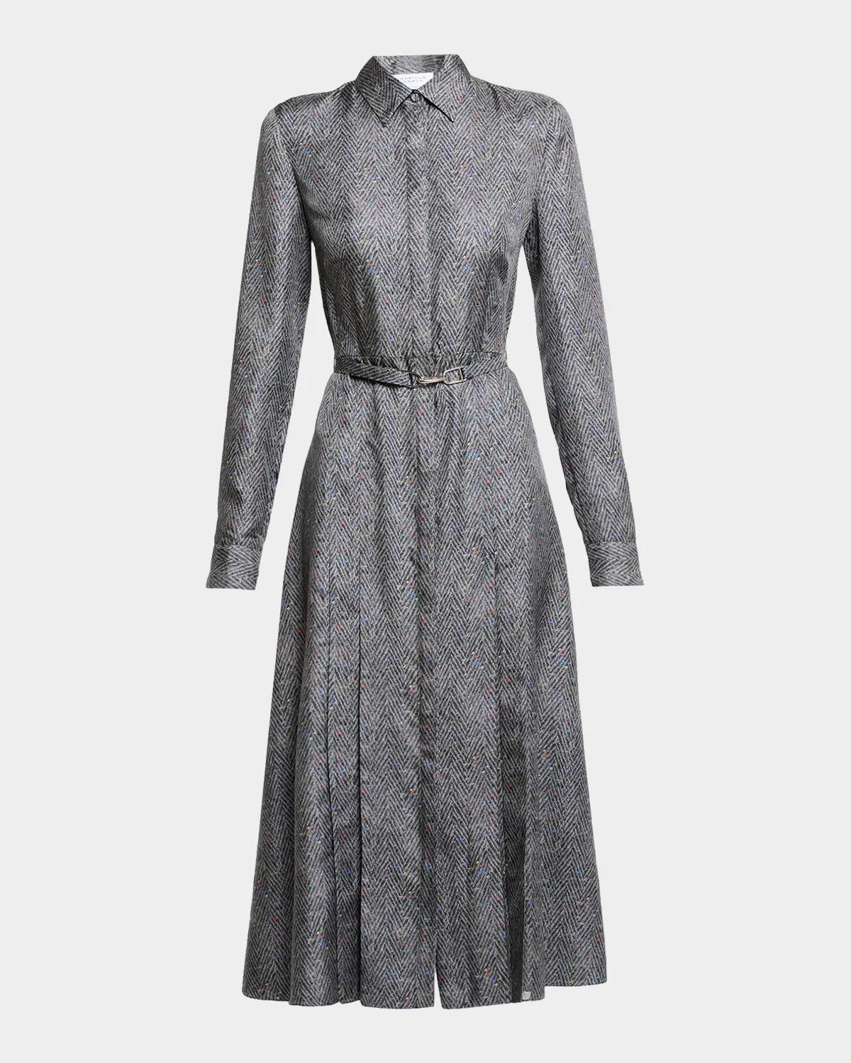 Jane Herringbone Print Silk Belted Midi Shirtdress