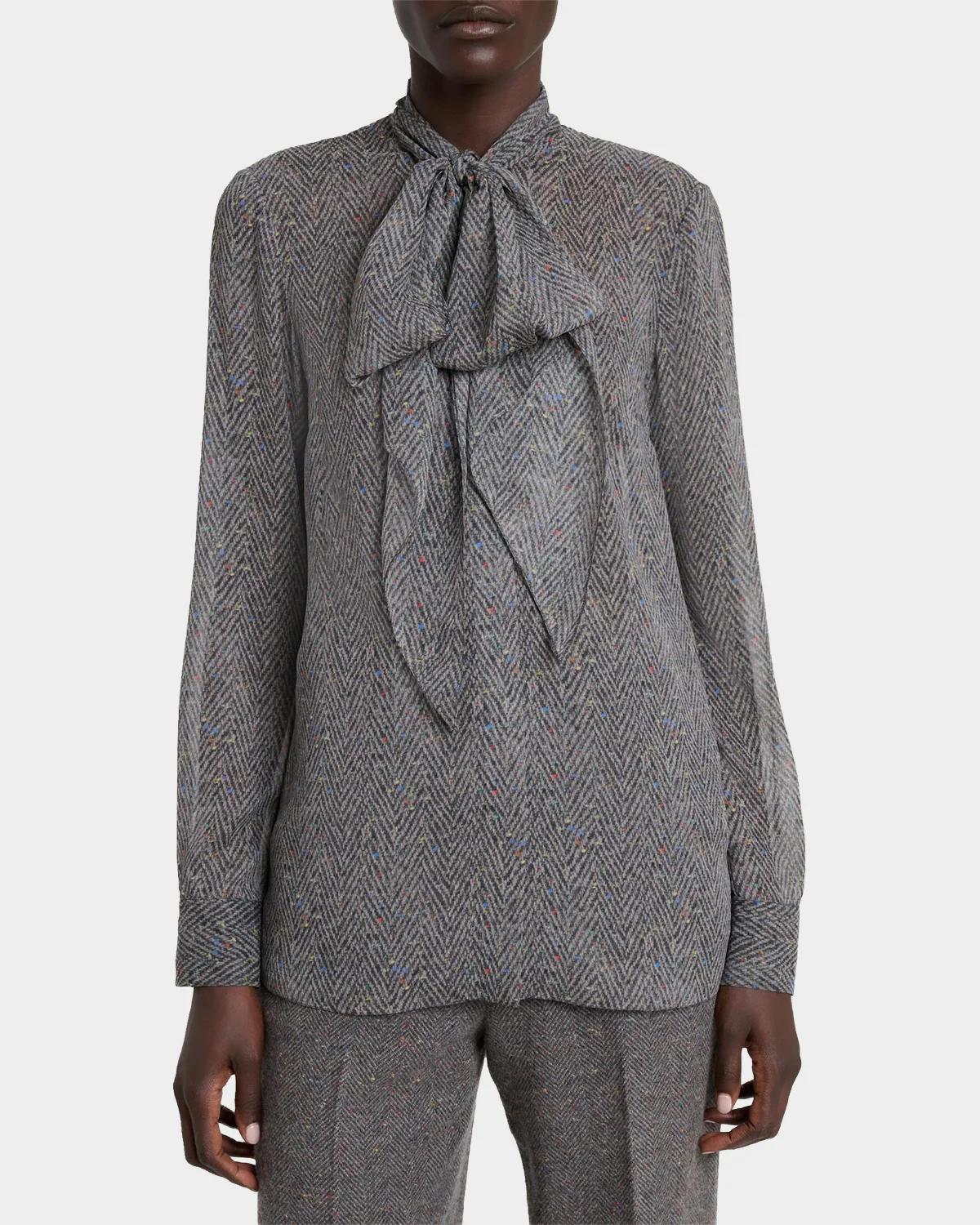 Shildon Herringbone Silk Bow Button-Down Top - thumbnail 4