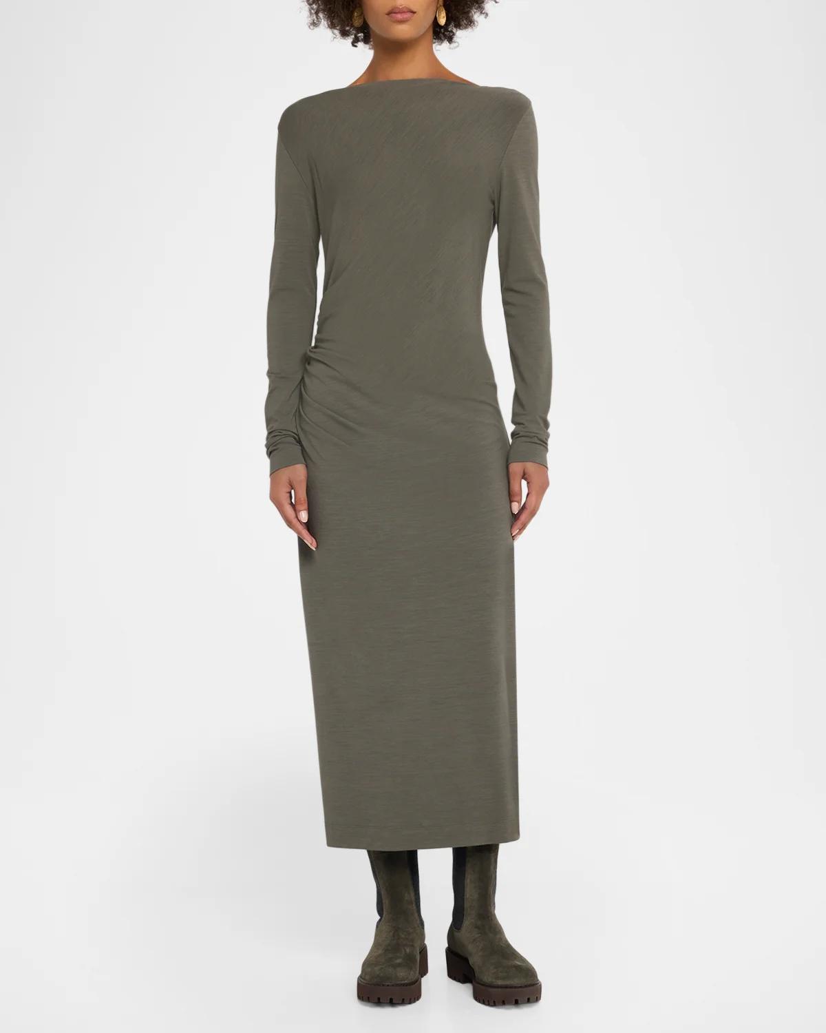Long-Sleeve Wool Jersey Midi Dress - thumbnail 4
