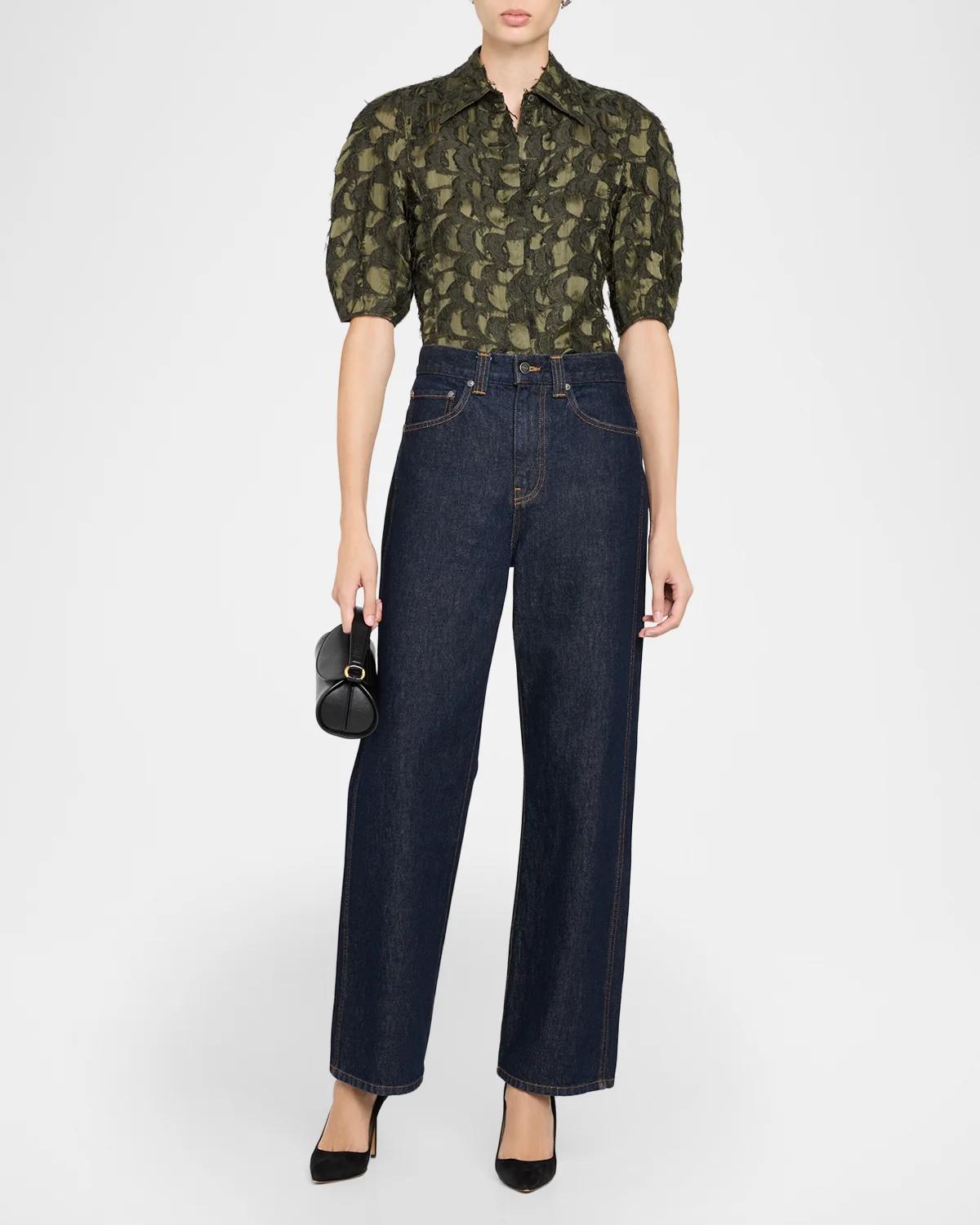 Sansi Textured Jacquard Puff-Sleeve Button-Down Top - thumbnail 2