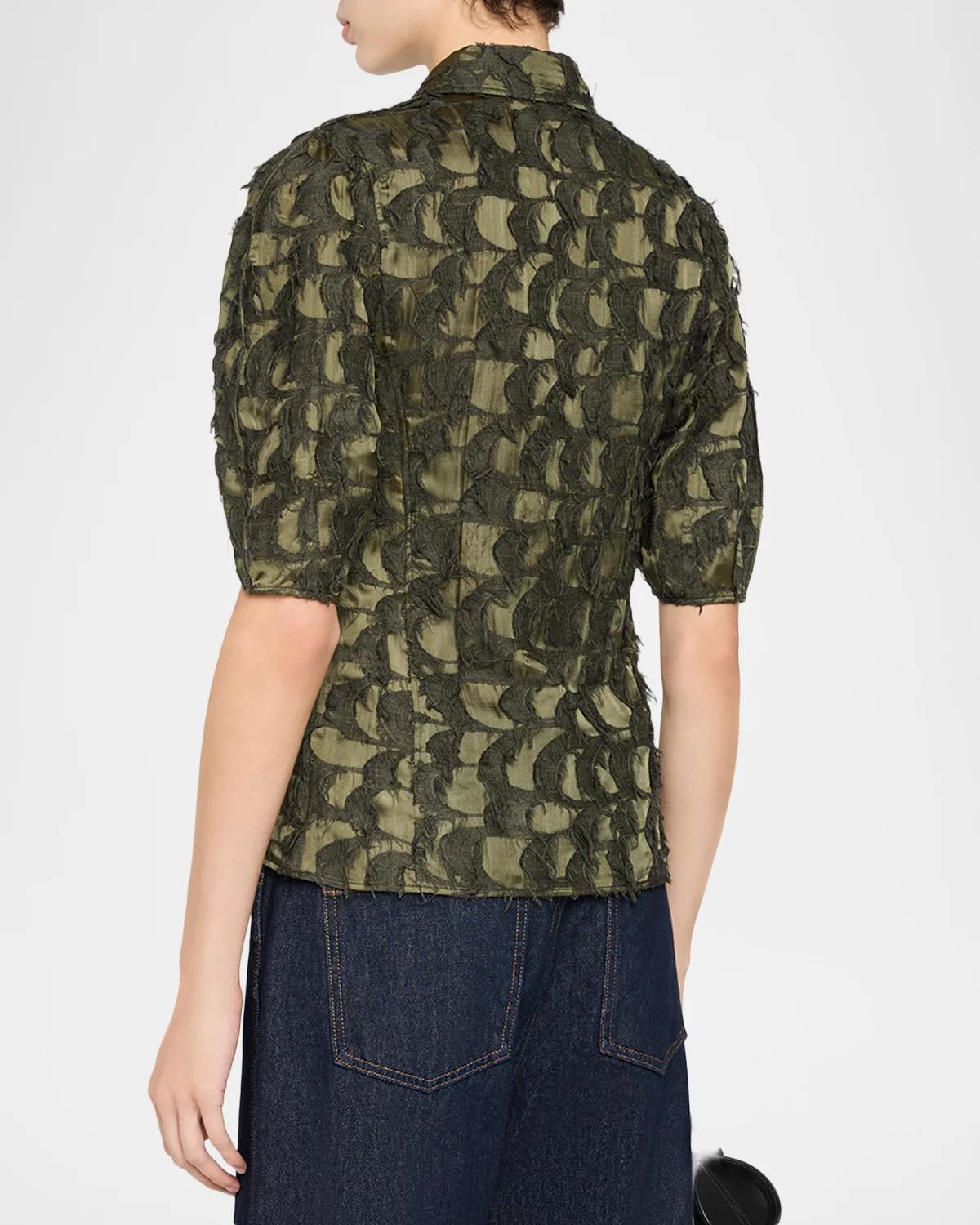 Sansi Textured Jacquard Puff-Sleeve Button-Down Top - thumbnail 3
