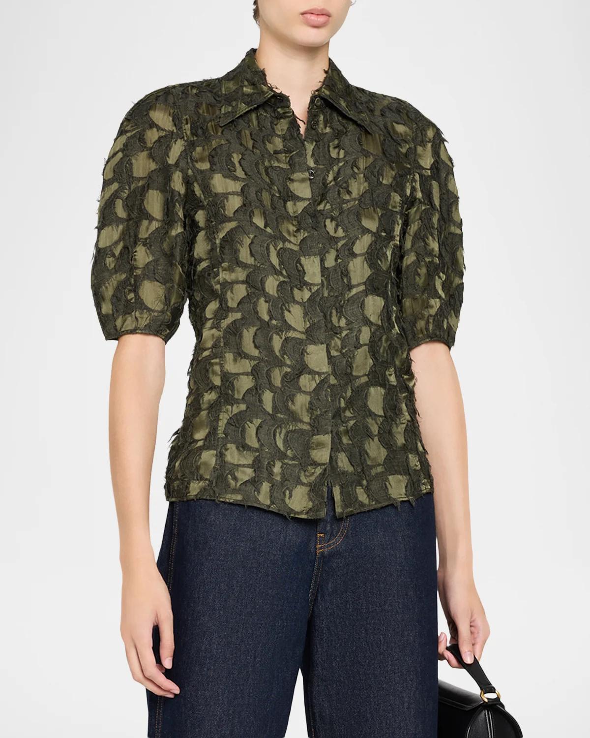 Sansi Textured Jacquard Puff-Sleeve Button-Down Top - thumbnail 4