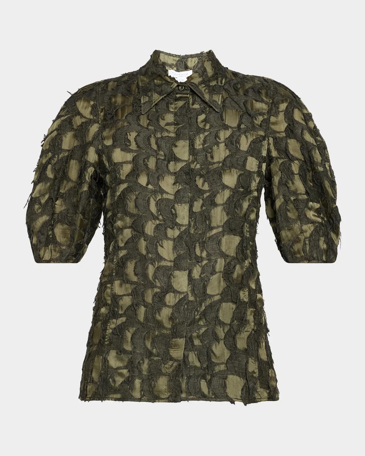 Sansi Textured Jacquard Puff-Sleeve Button-Down Top
