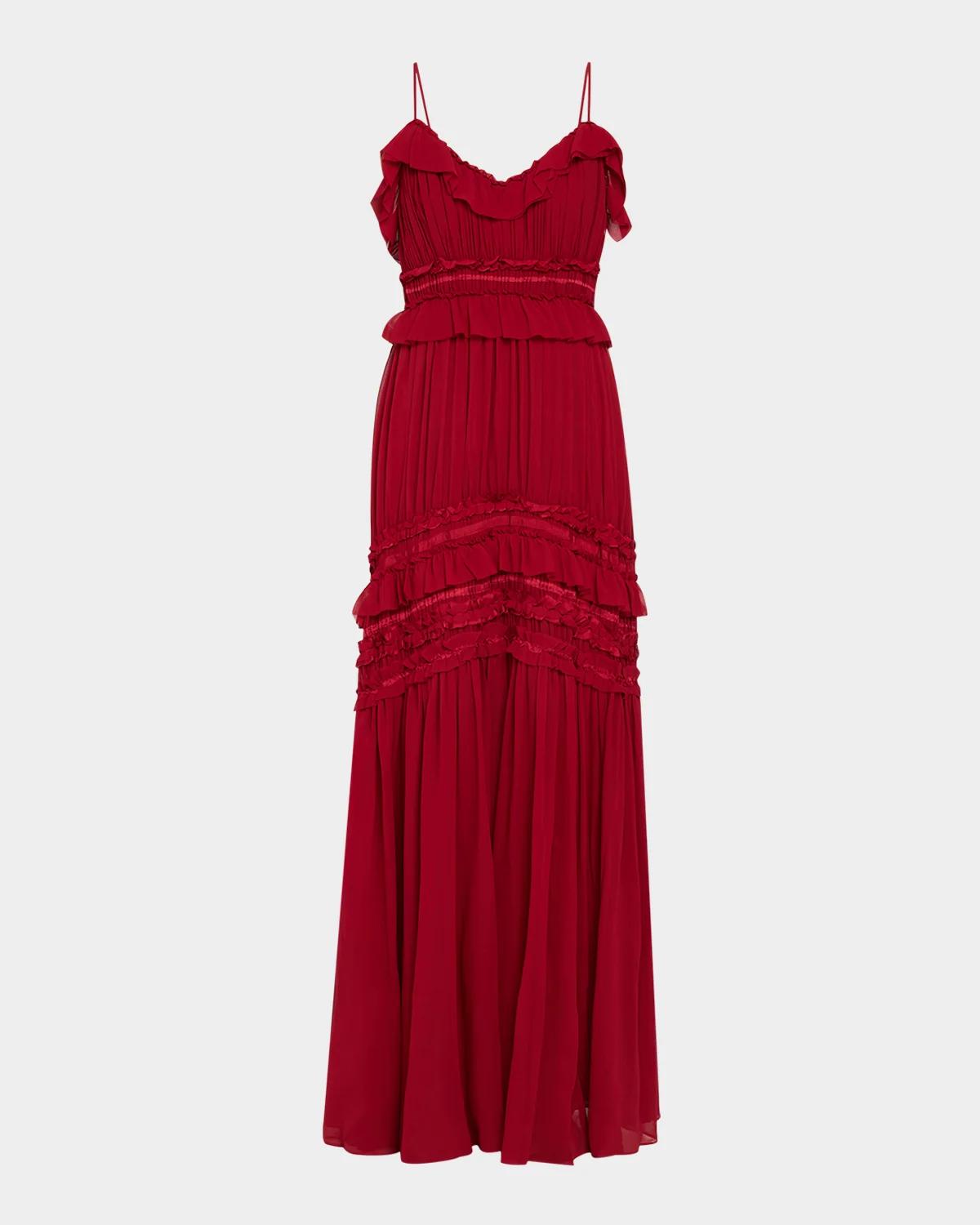 Dorothea Ribbon-Trim Ruffle Silk Gown
