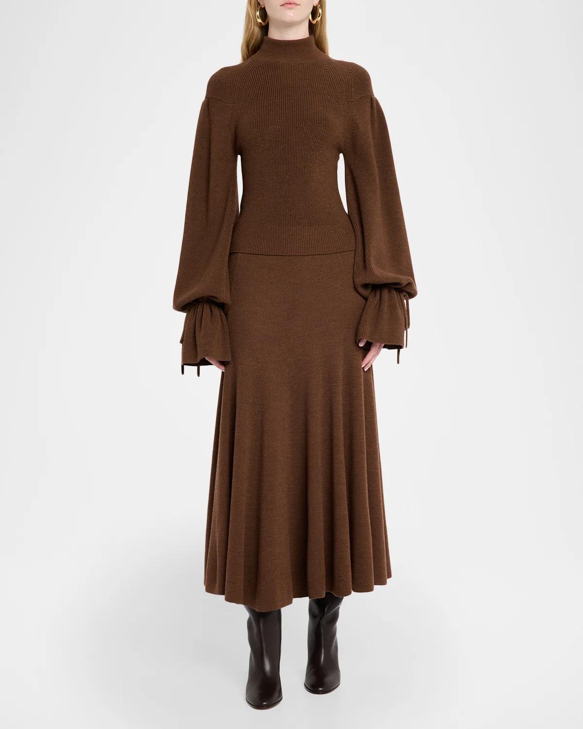 Azaria Pleated Merino Wool Midi Skirt - thumbnail 2