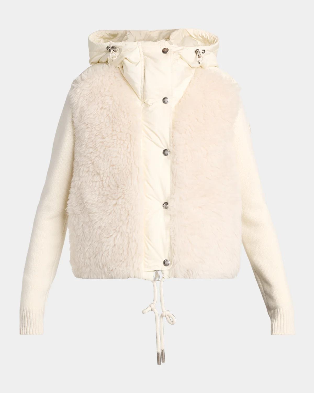 Wool and Cashmere Blend Padded Zip-Up Cardigan with Faux Fur