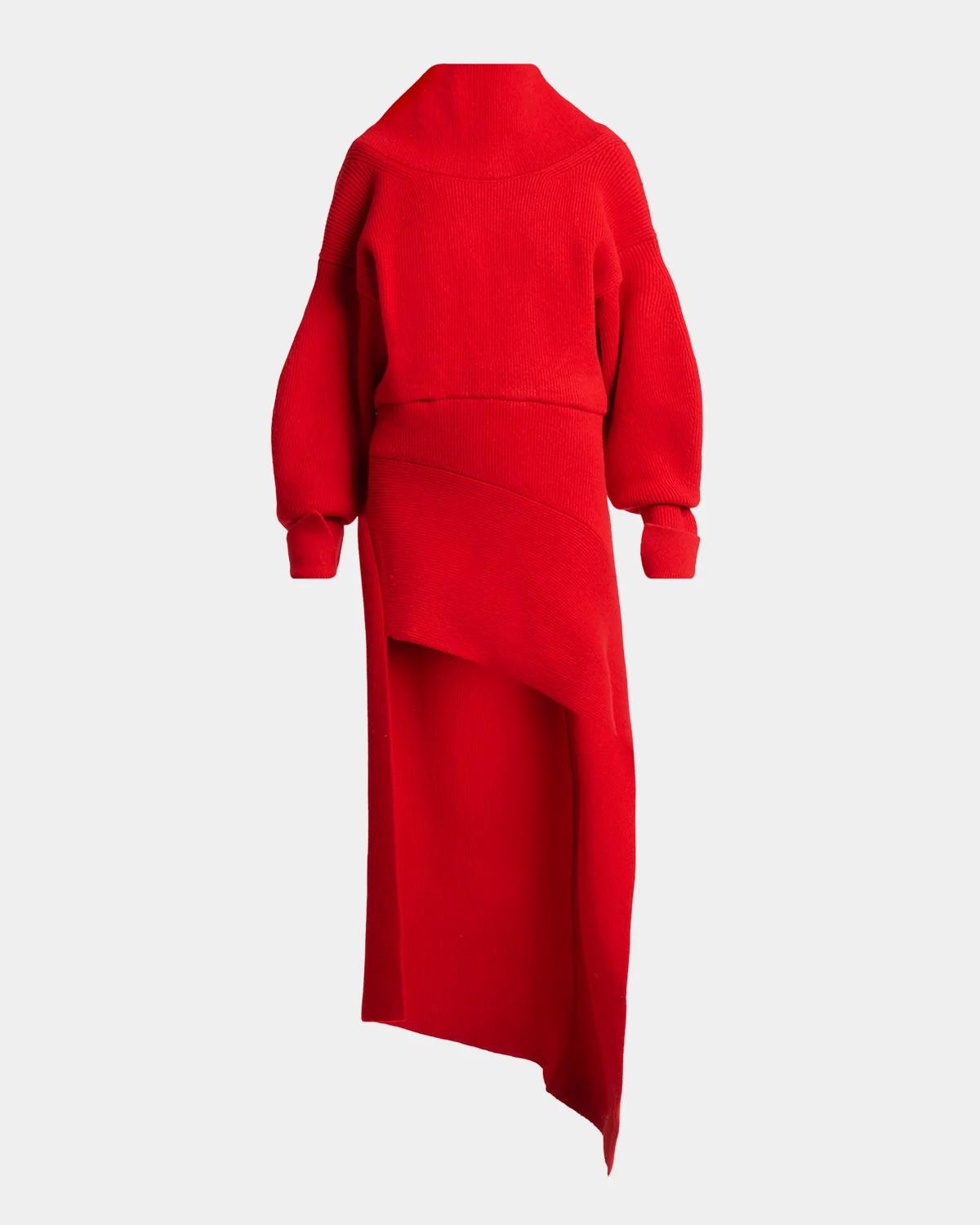 High-Neck Slashed Wool-Cashmere Asymmetric Mini Sweater Dress