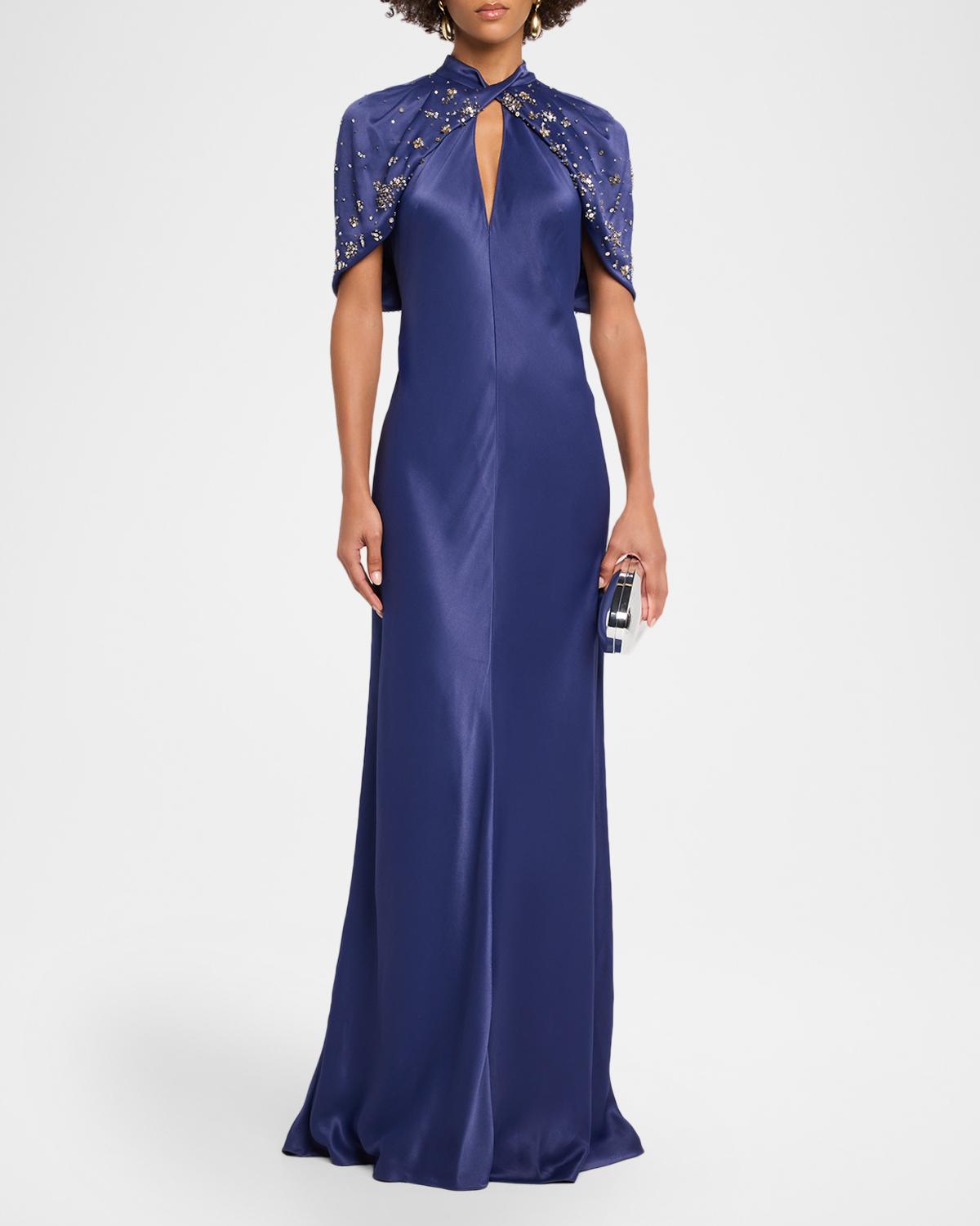Embellished Capelet-Sleeve Keyhole Satin Gown - thumbnail 2