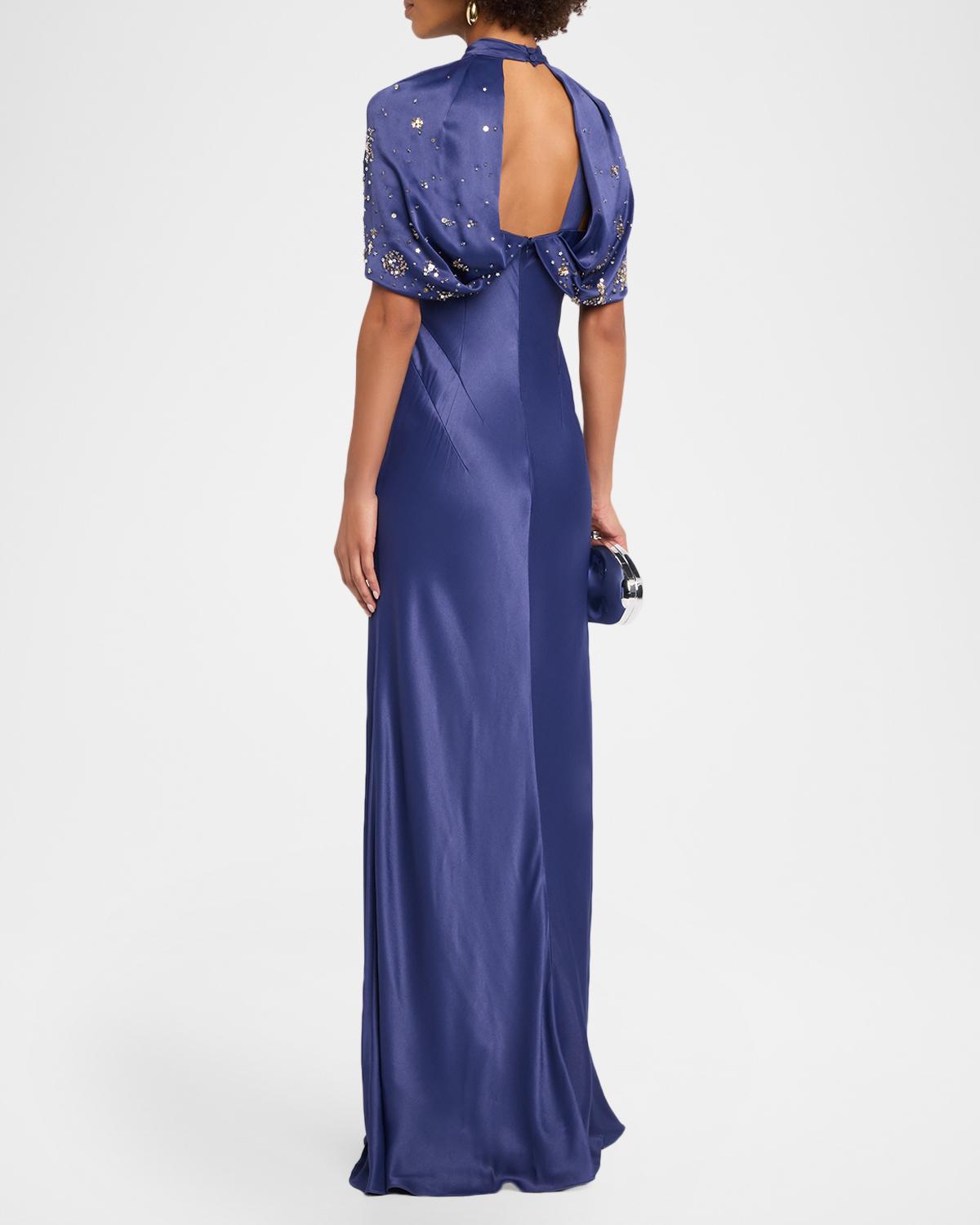 Embellished Capelet-Sleeve Keyhole Satin Gown - thumbnail 3