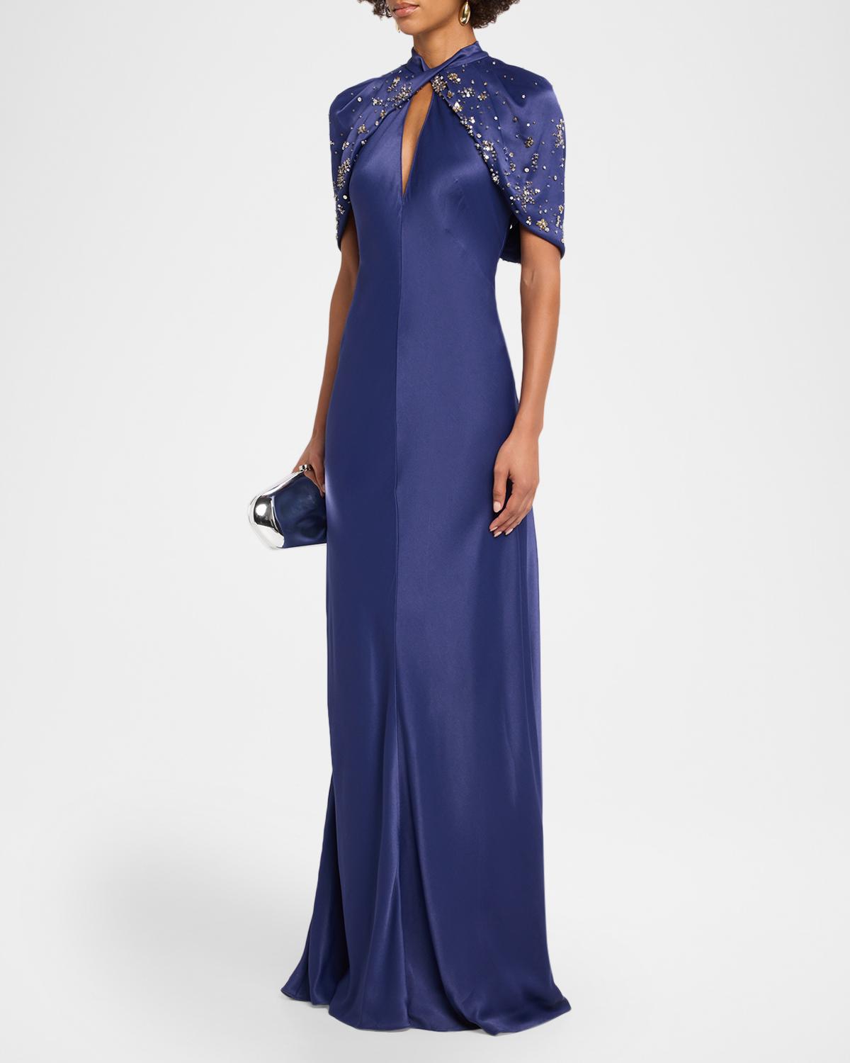 Embellished Capelet-Sleeve Keyhole Satin Gown - thumbnail 4