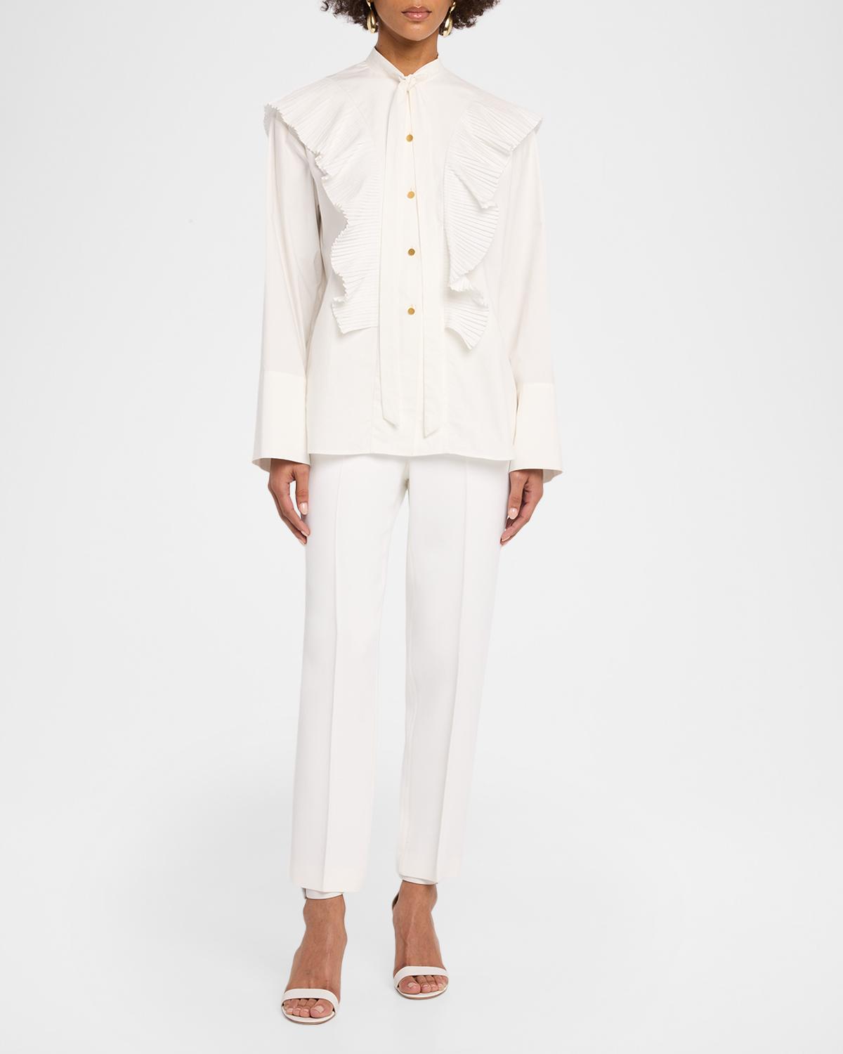 Neck-Tie Plisse Ruffle Cotton Button-Down Blouse - thumbnail 2